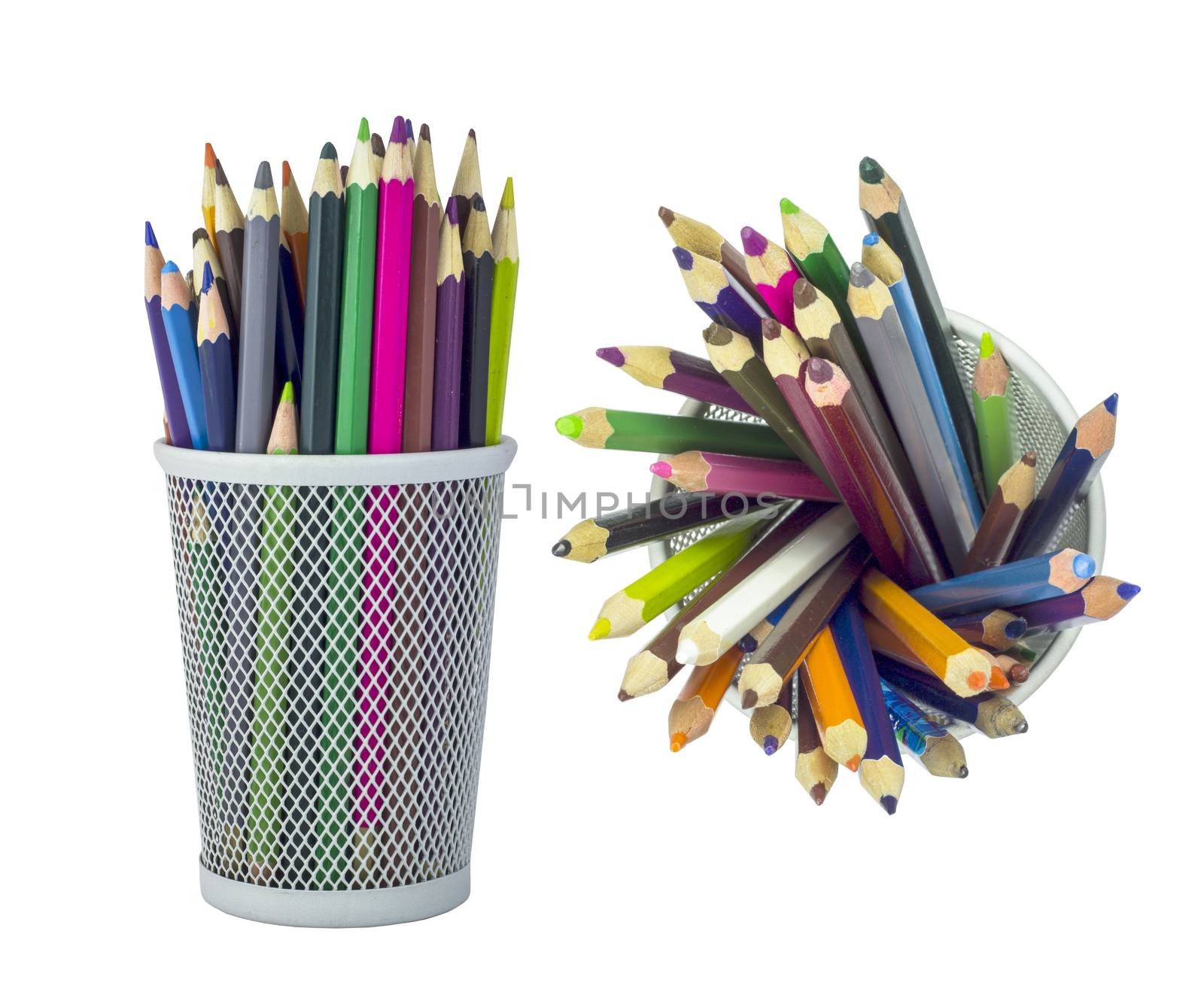 Set of color pencils in metal grid container by cherezoff