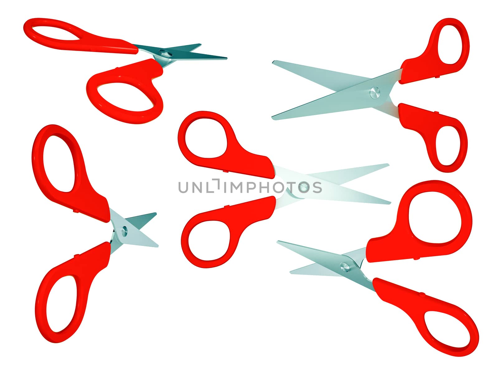 Scissor set with red handles. Isolated on white background. 3d illustration