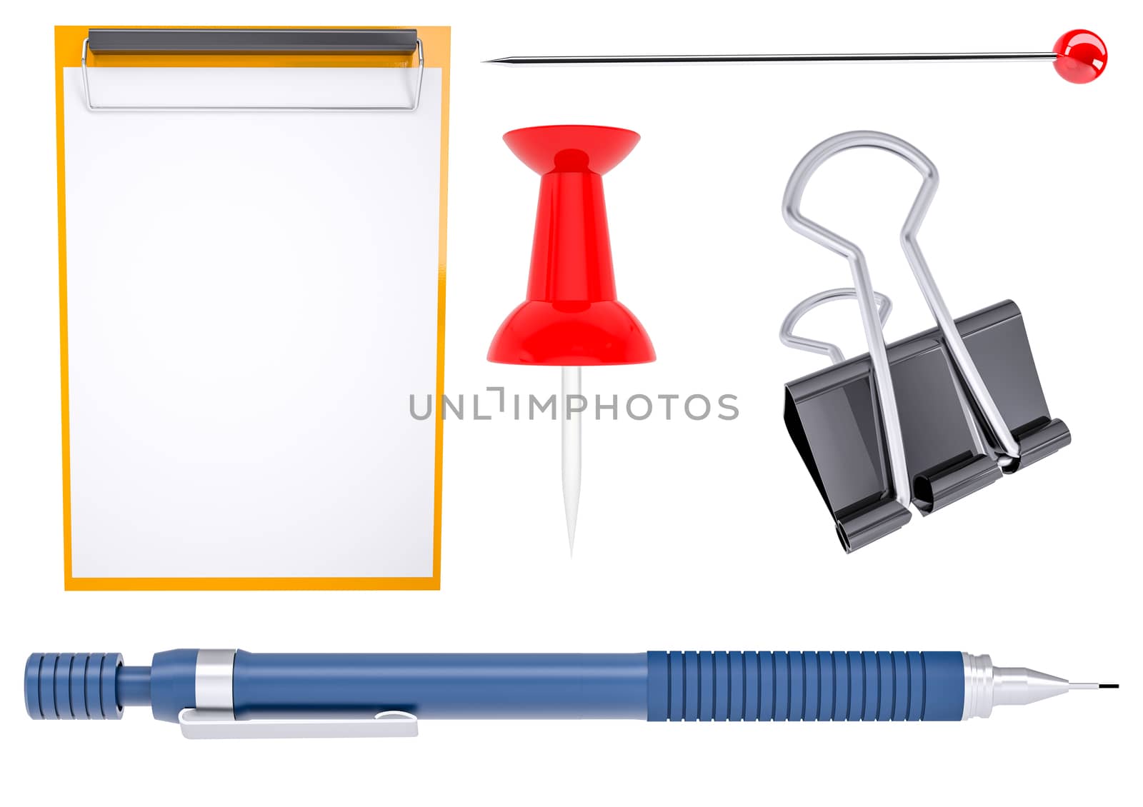 Different stationery items, isolated on white background. 3d illustration