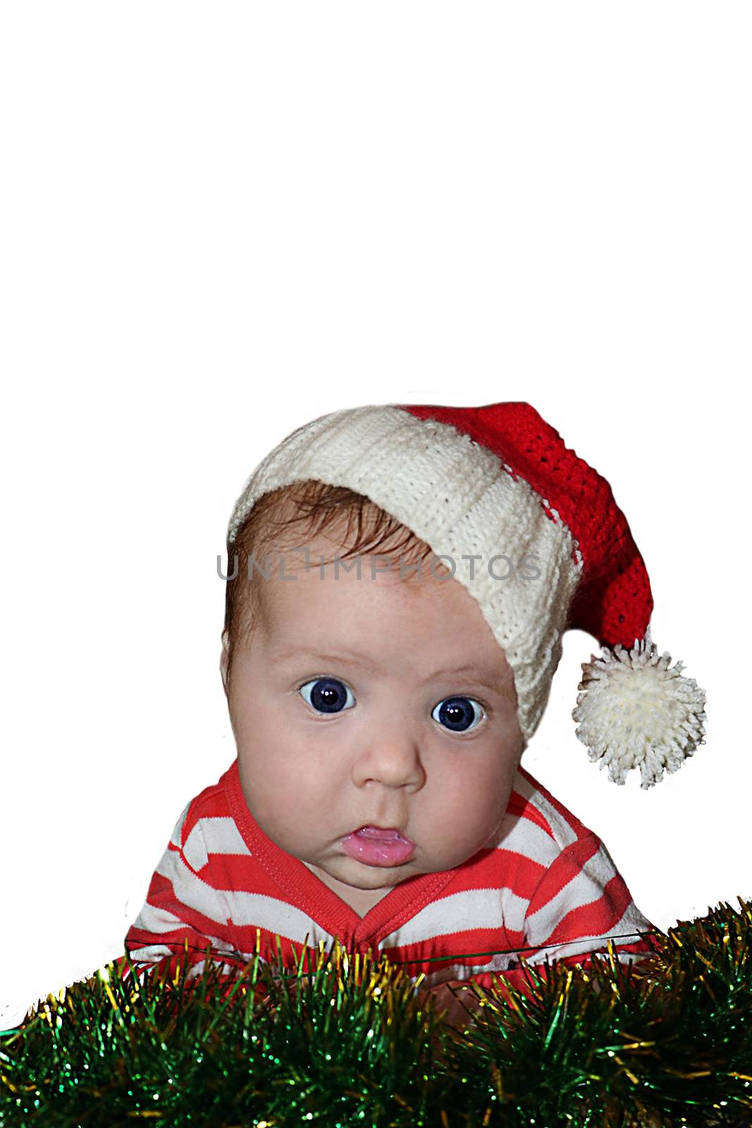 Cute Santa baby with dumbfounded face dressed in red sanata hat and stripped red jacket  isolated on white background. Can be used for design of banners, flyers, calendars, invitations  as clip art.