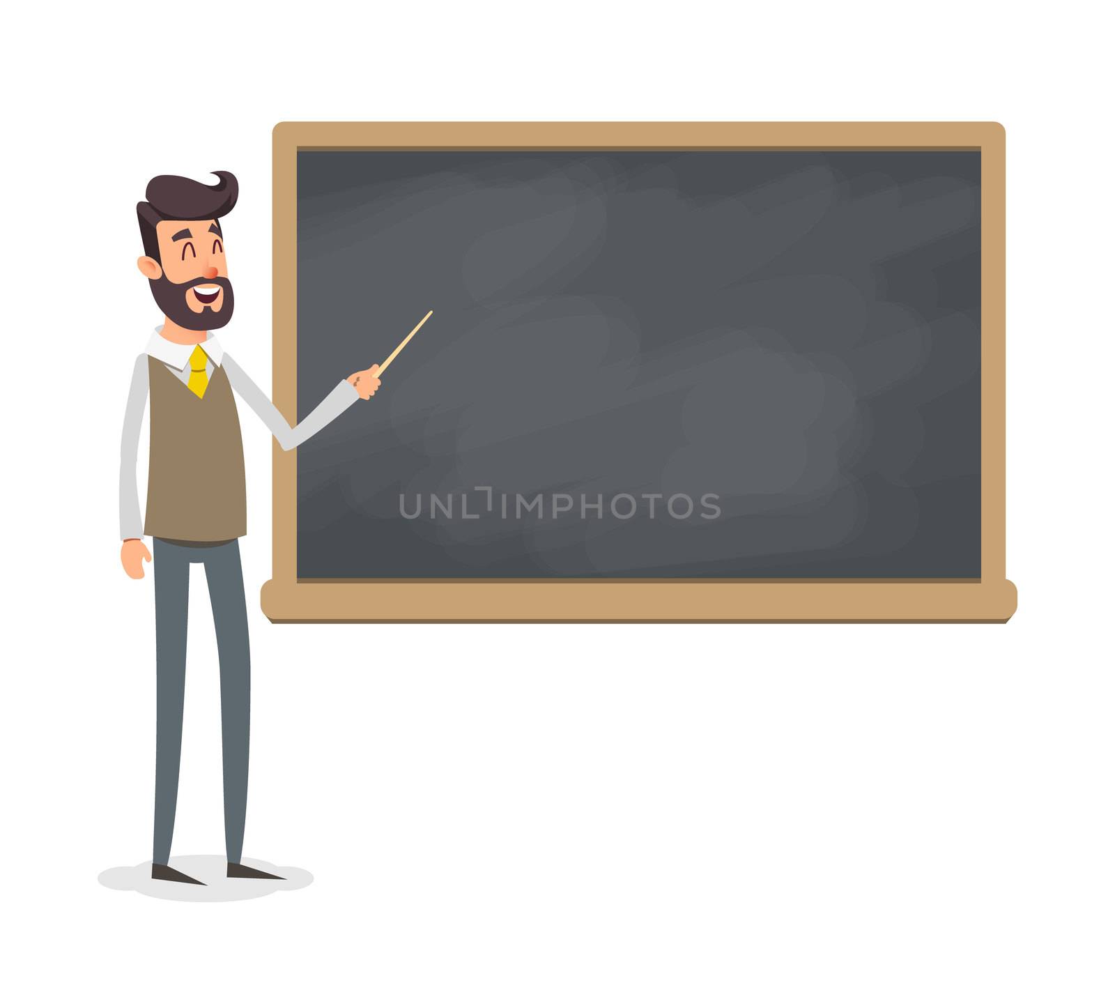 The teacher in the classroom near the blackboard is teaching a lesson. A young professor at the university is giving a lecture. A man with a beard with a pointer teaches