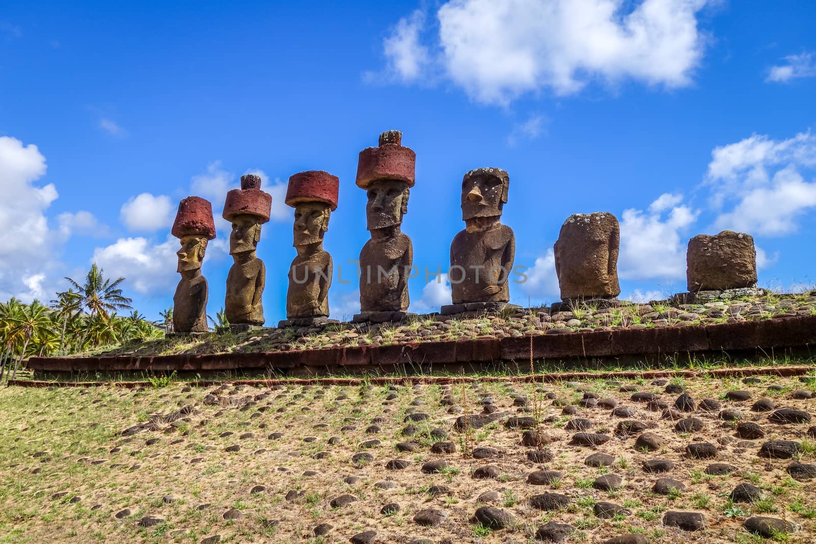 Moais statues site ahu Nao Nao on anakena beach, easter island by daboost