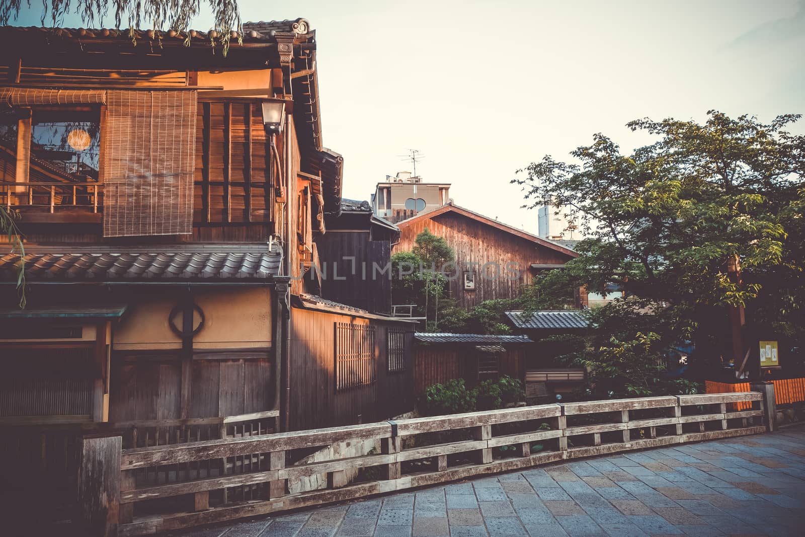 Traditional japanese houses on Shirakawa river in the Gion district, Kyoto, Japan