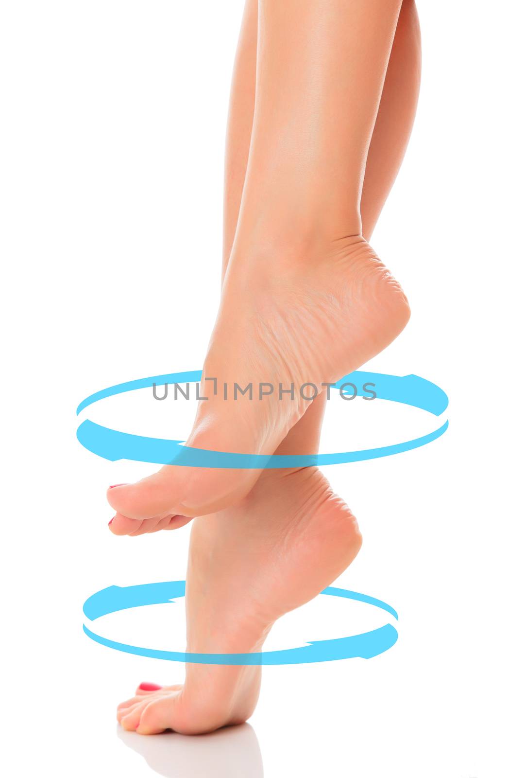 Female bare feet with blue arrows rotating around them, isolated on white background. Skincare concept