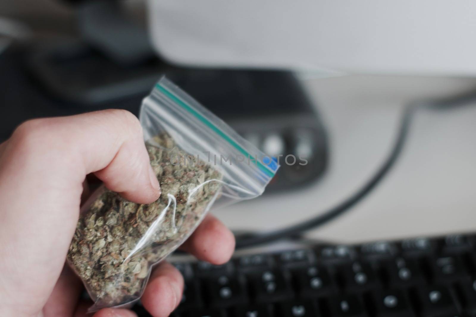 Green dry marijuana in man hand on the blurry background. Weed concept.
