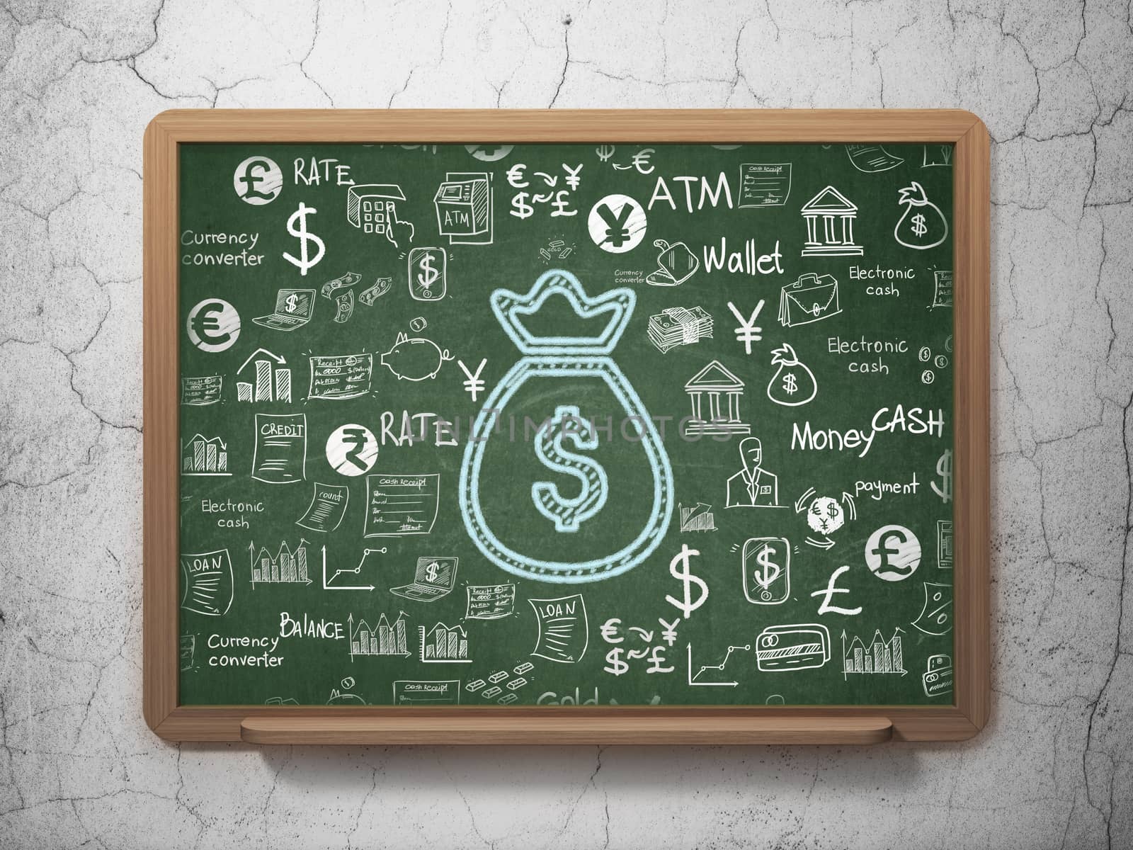 Banking concept: Chalk Blue Money Bag icon on School board background with  Hand Drawn Finance Icons, 3D Rendering