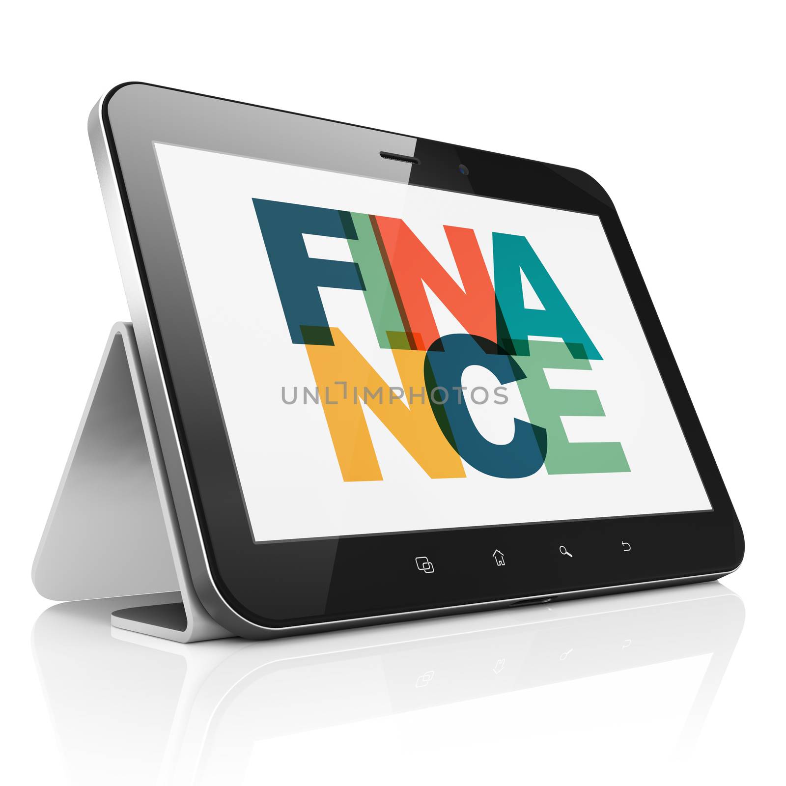 Money concept: Tablet Computer with Painted multicolor text Finance on display, 3D rendering