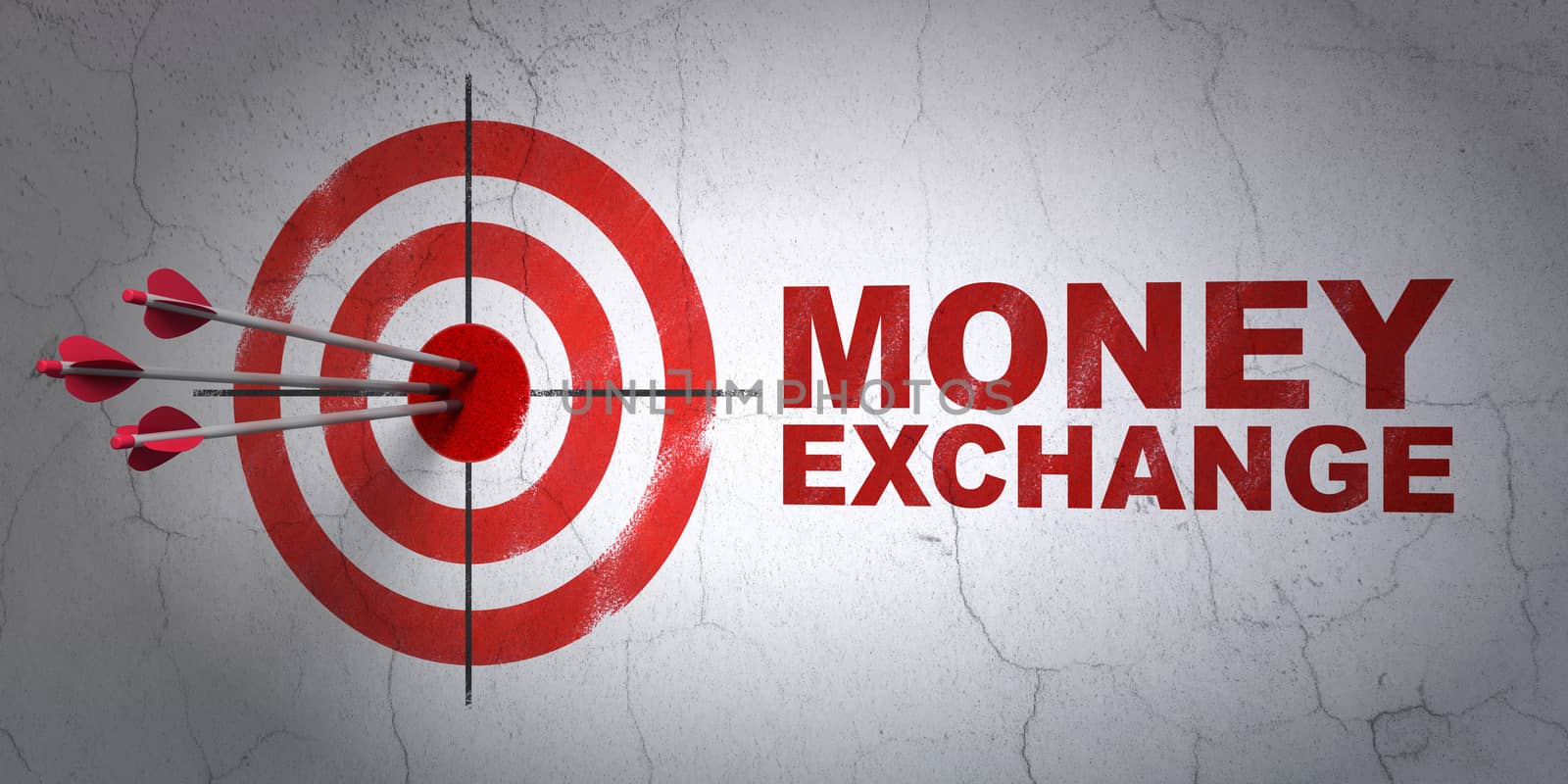 Success currency concept: arrows hitting the center of target, Red Money Exchange on wall background, 3D rendering