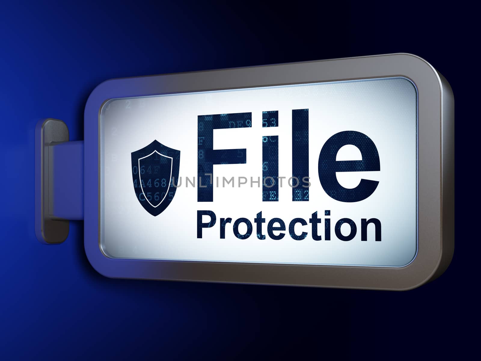 Security concept: File Protection and Shield on advertising billboard background, 3D rendering
