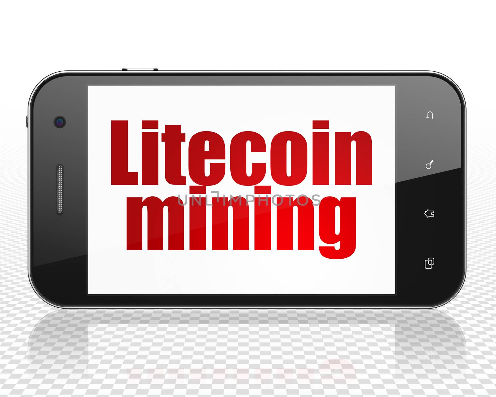 Blockchain concept: Smartphone with red text Litecoin Mining on display, 3D rendering