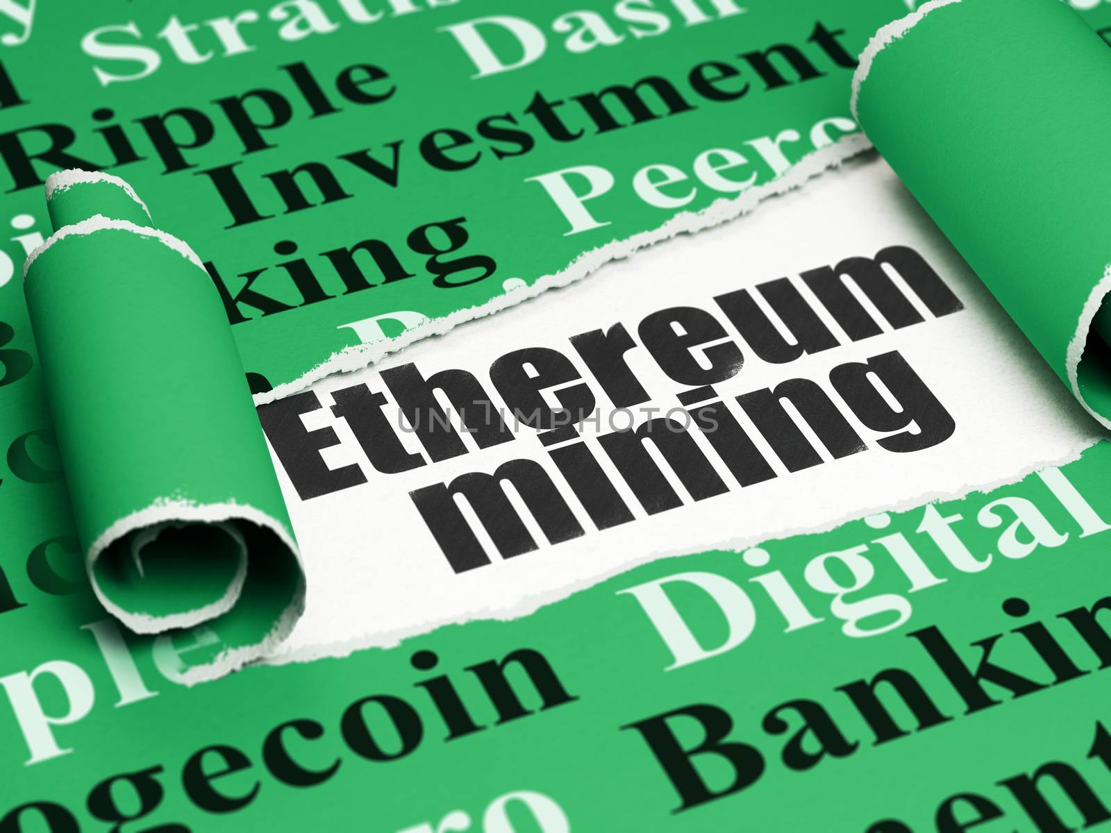 Cryptocurrency concept: black text Ethereum Mining under the curled piece of Green torn paper with  Tag Cloud, 3D rendering