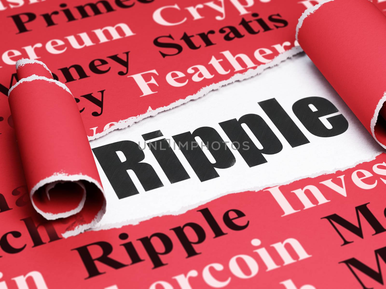 Cryptocurrency concept: black text Ripple under the curled piece of Red torn paper with  Tag Cloud, 3D rendering