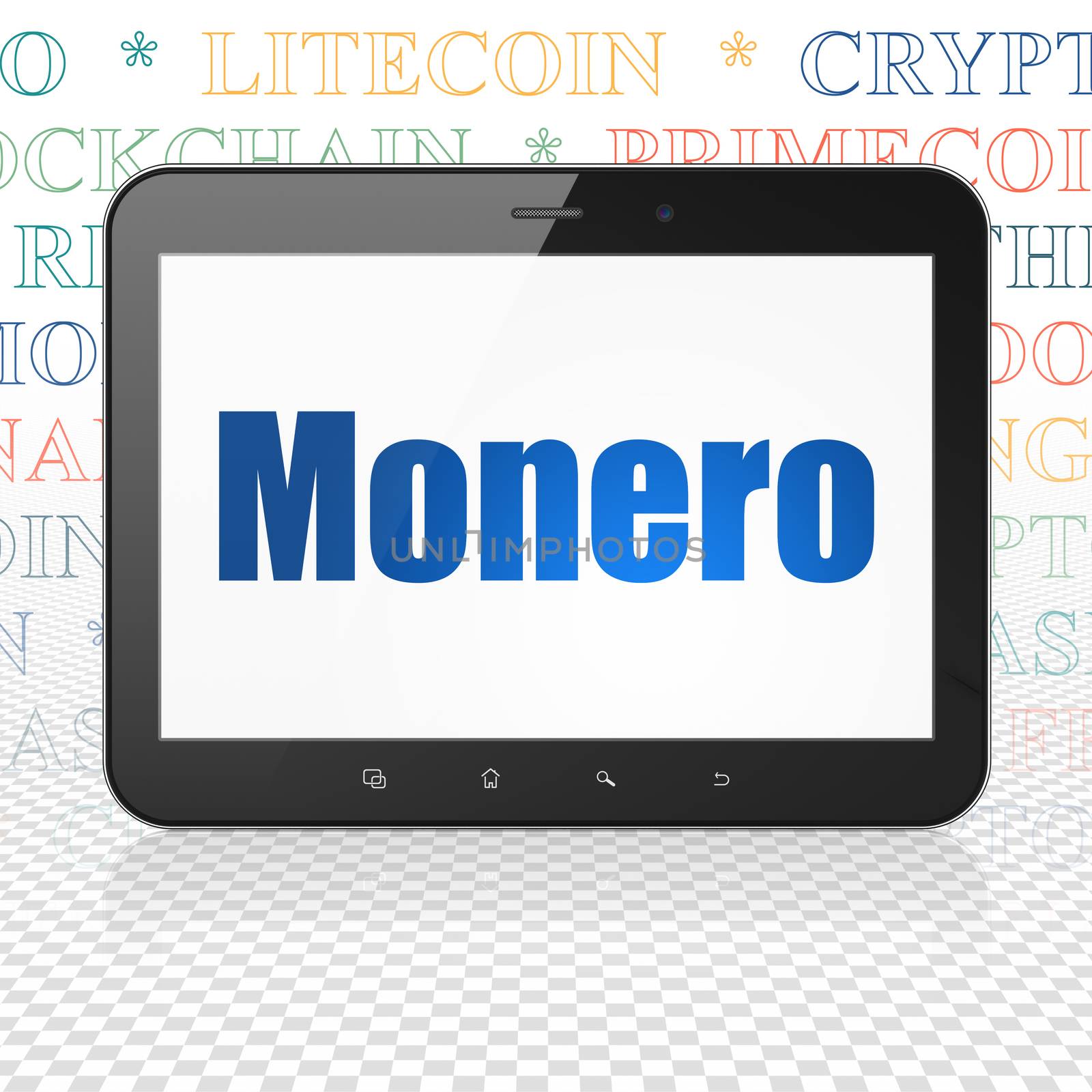 Cryptocurrency concept: Tablet Computer with  blue text Monero on display,  Tag Cloud background, 3D rendering