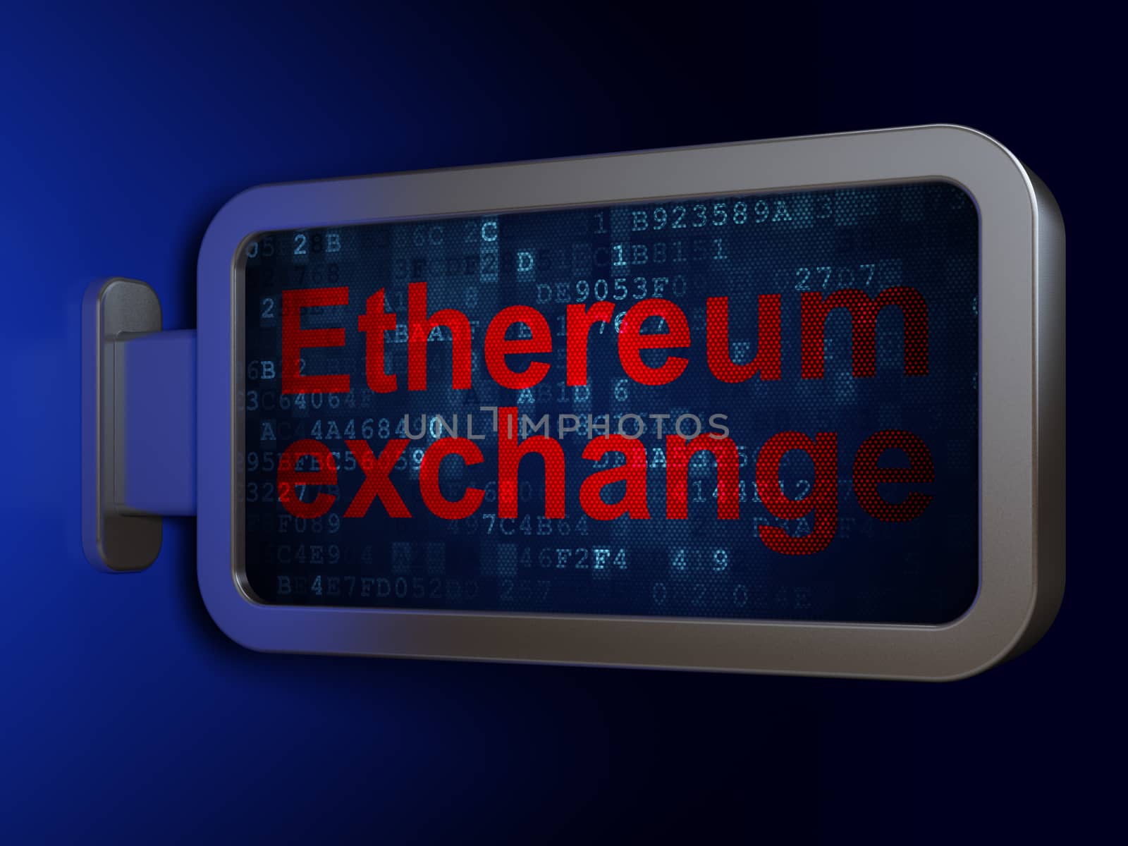Blockchain concept: Ethereum Exchange on advertising billboard background, 3D rendering