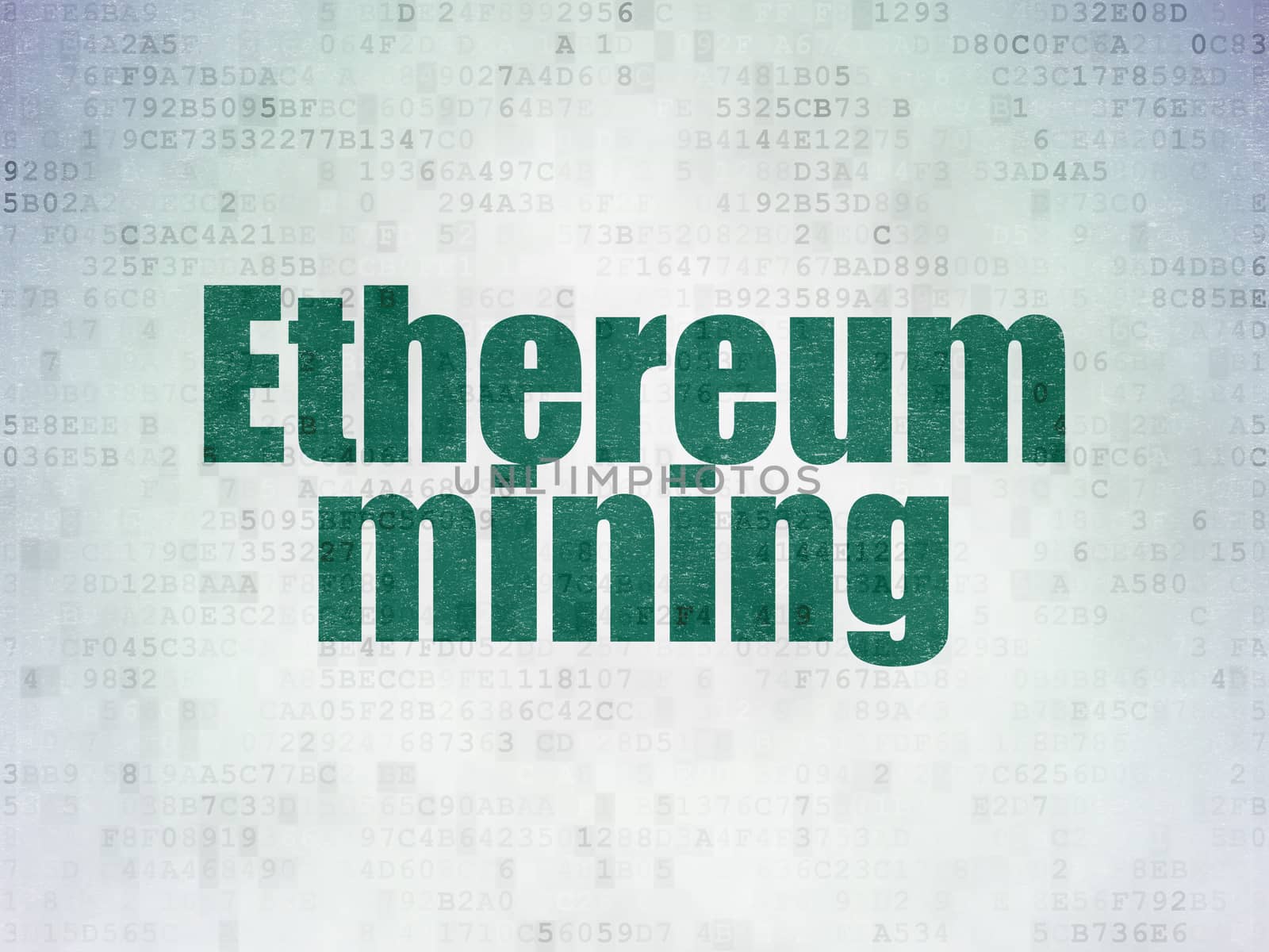 Blockchain concept: Painted green word Ethereum Mining on Digital Data Paper background