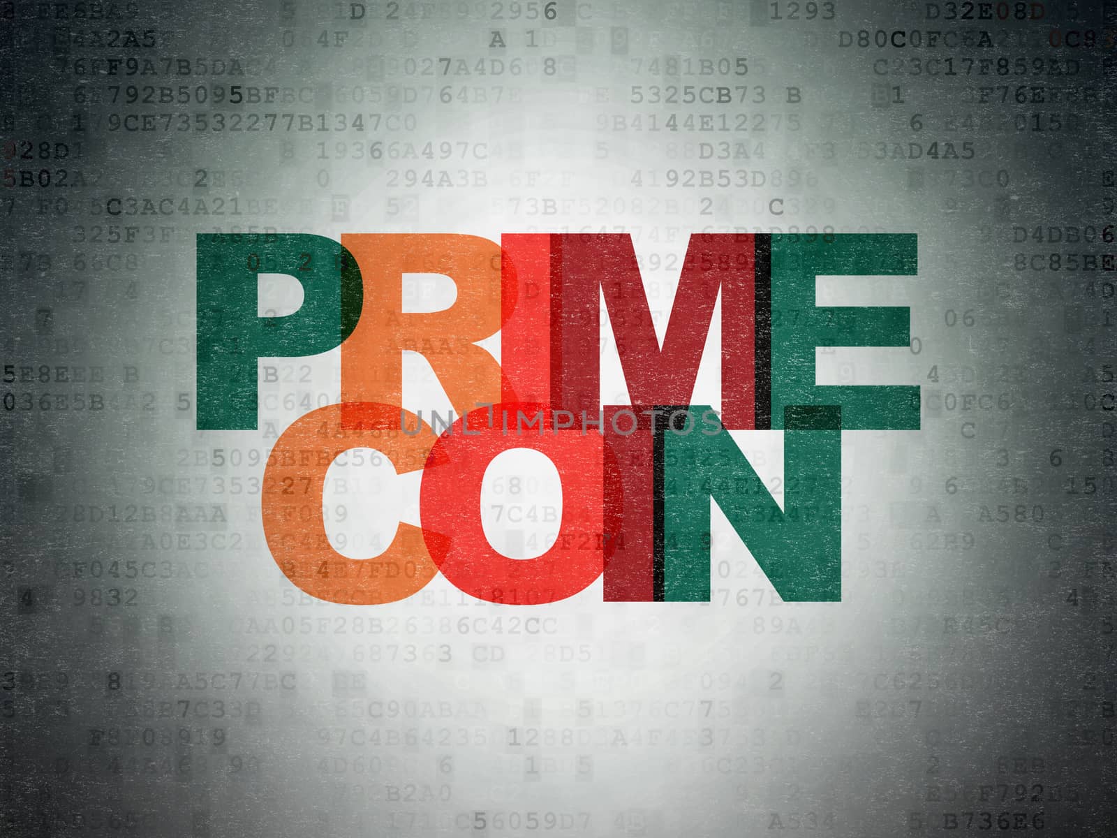Blockchain concept: Painted multicolor text Primecoin on Digital Data Paper background