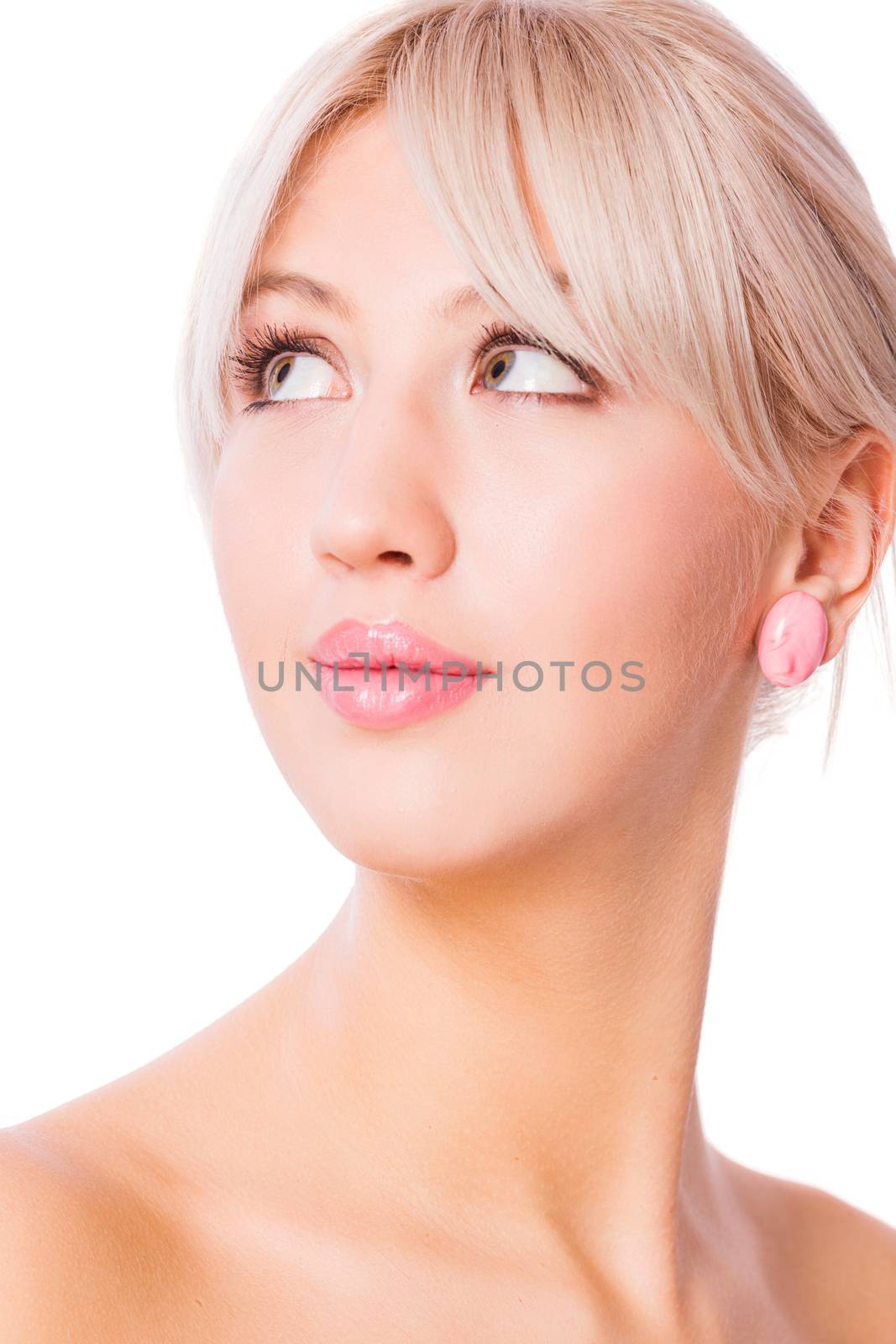Young beautiful blond woman close-up portrait isolated on white
