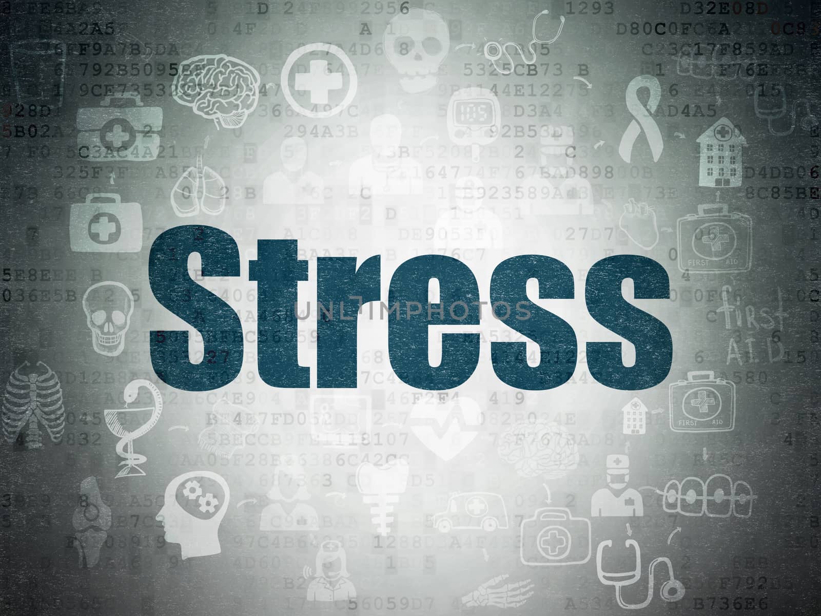 Medicine concept: Painted blue text Stress on Digital Data Paper background with  Scheme Of Hand Drawn Medicine Icons