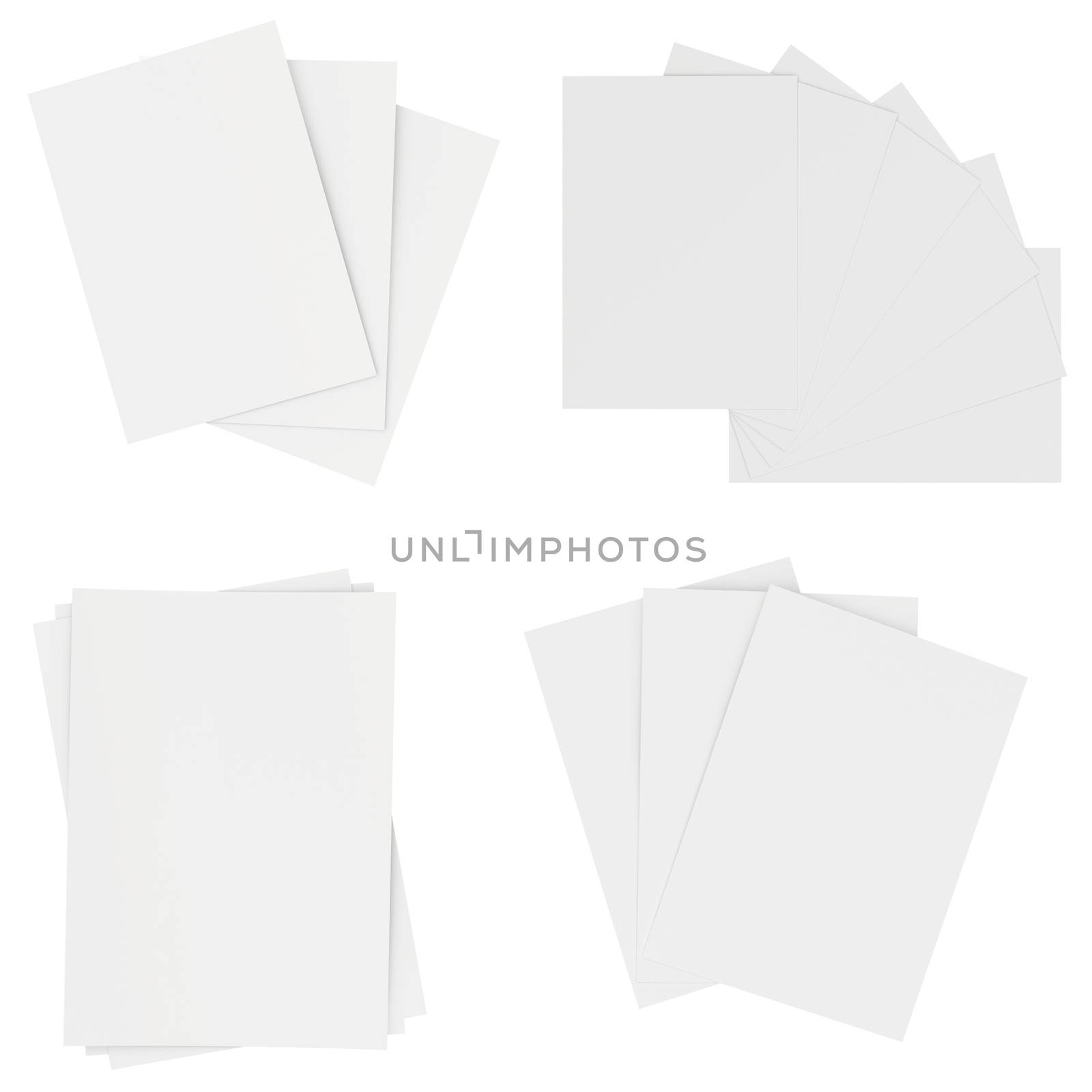 Set blank white sheets of paper isolated on background. 3d rendering