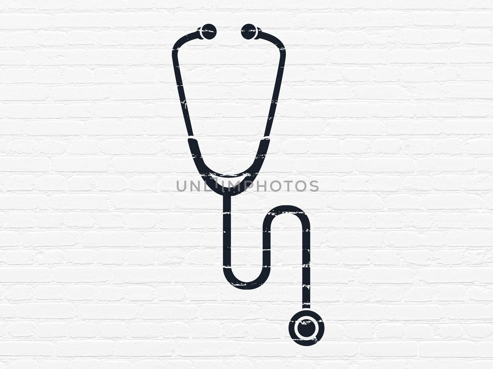 Healthcare concept: Painted black Stethoscope icon on White Brick wall background
