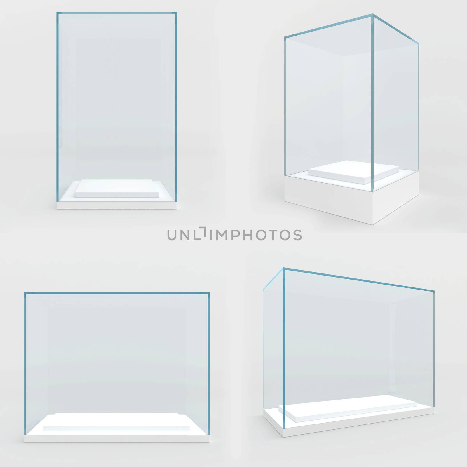 Set empty glass showcase in cube form for presentation on white background. 3d rendering.