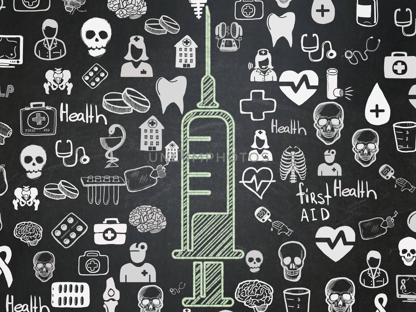 Health concept: Chalk Green Syringe icon on School board background with  Hand Drawn Medicine Icons, School Board