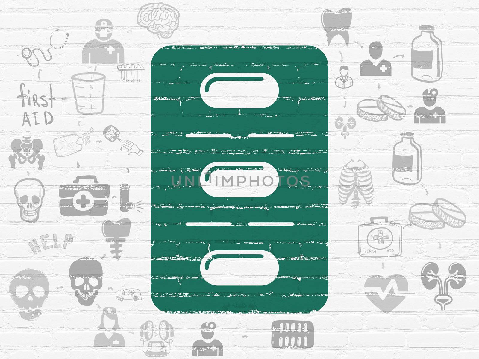 Medicine concept: Painted green Pills Blister icon on White Brick wall background with Scheme Of Hand Drawn Medicine Icons