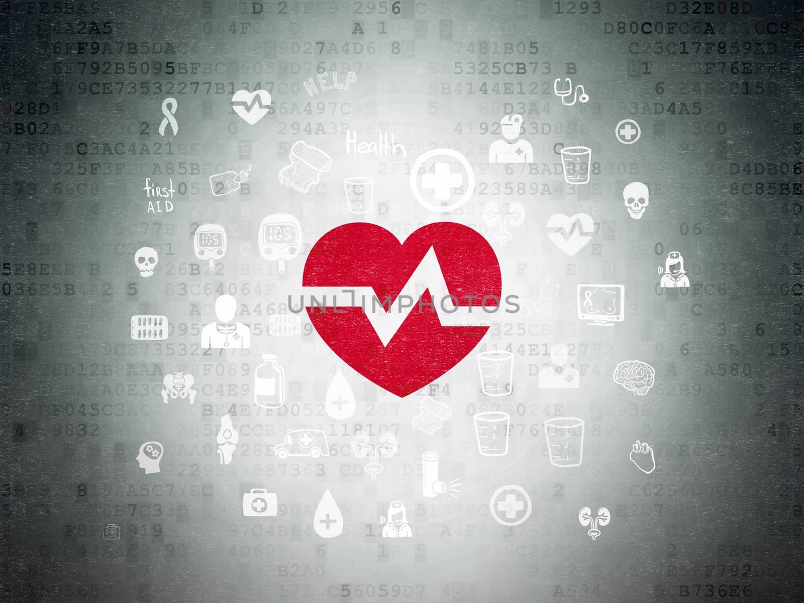 Healthcare concept: Painted red Heart icon on Digital Data Paper background with  Hand Drawn Medicine Icons