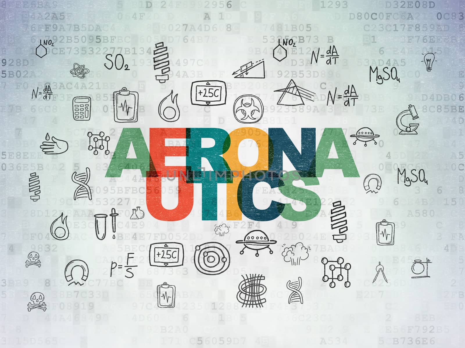 Science concept: Painted multicolor text Aeronautics on Digital Data Paper background with  Hand Drawn Science Icons