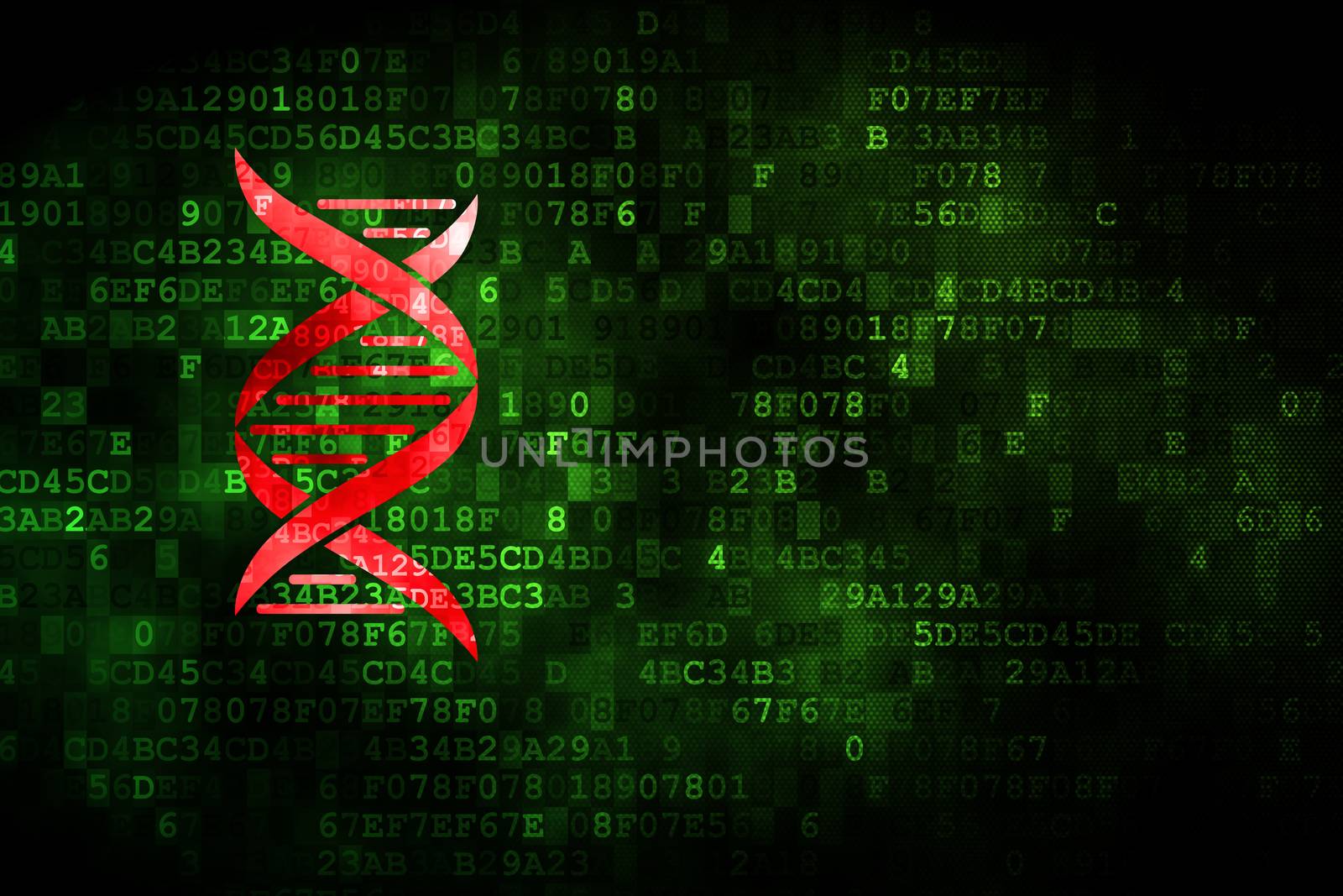 Science concept: pixelated DNA icon on digital background, empty copyspace for card, text, advertising