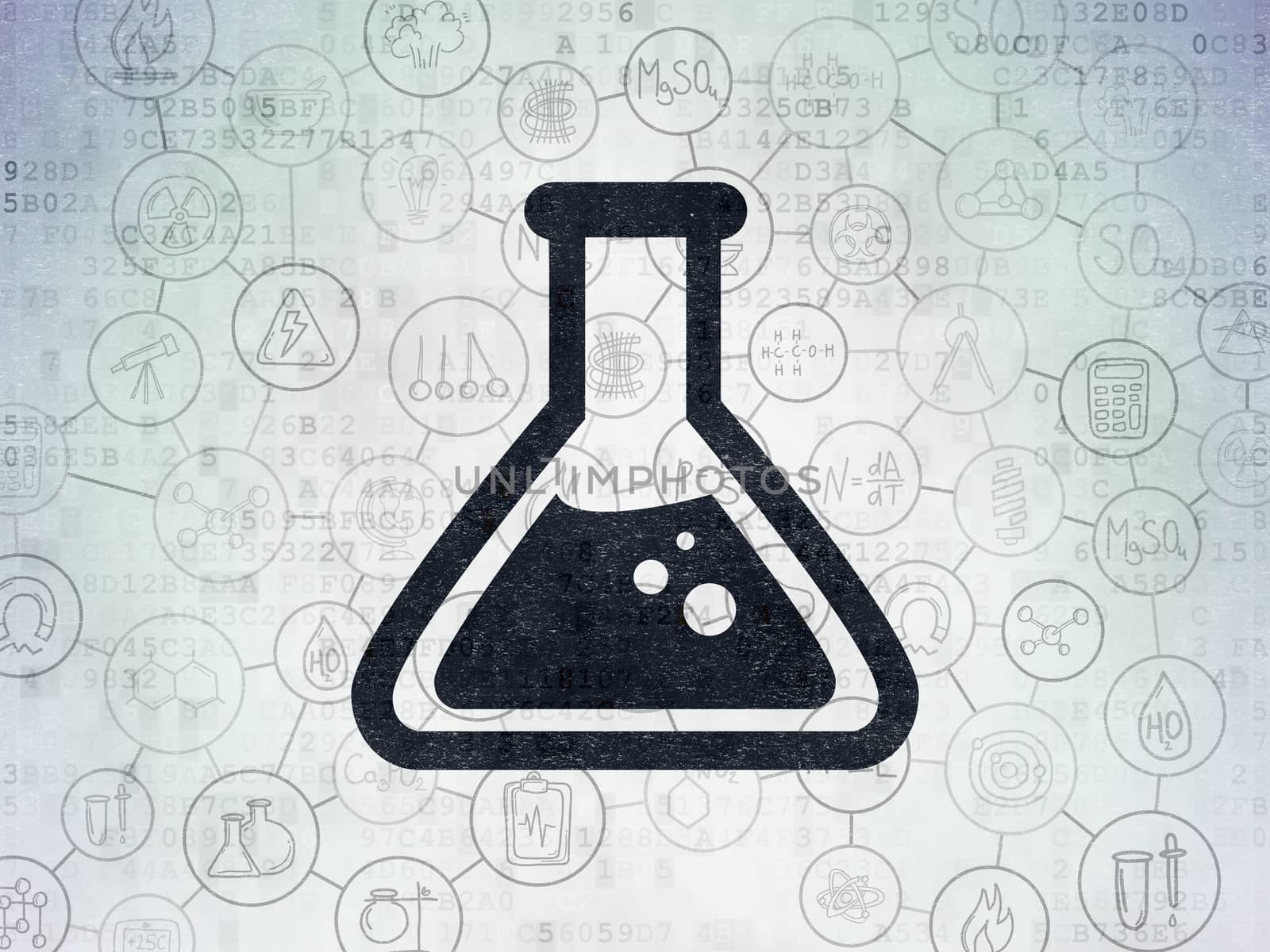 Science concept: Painted black Flask icon on Digital Data Paper background with Scheme Of Hand Drawn Science Icons
