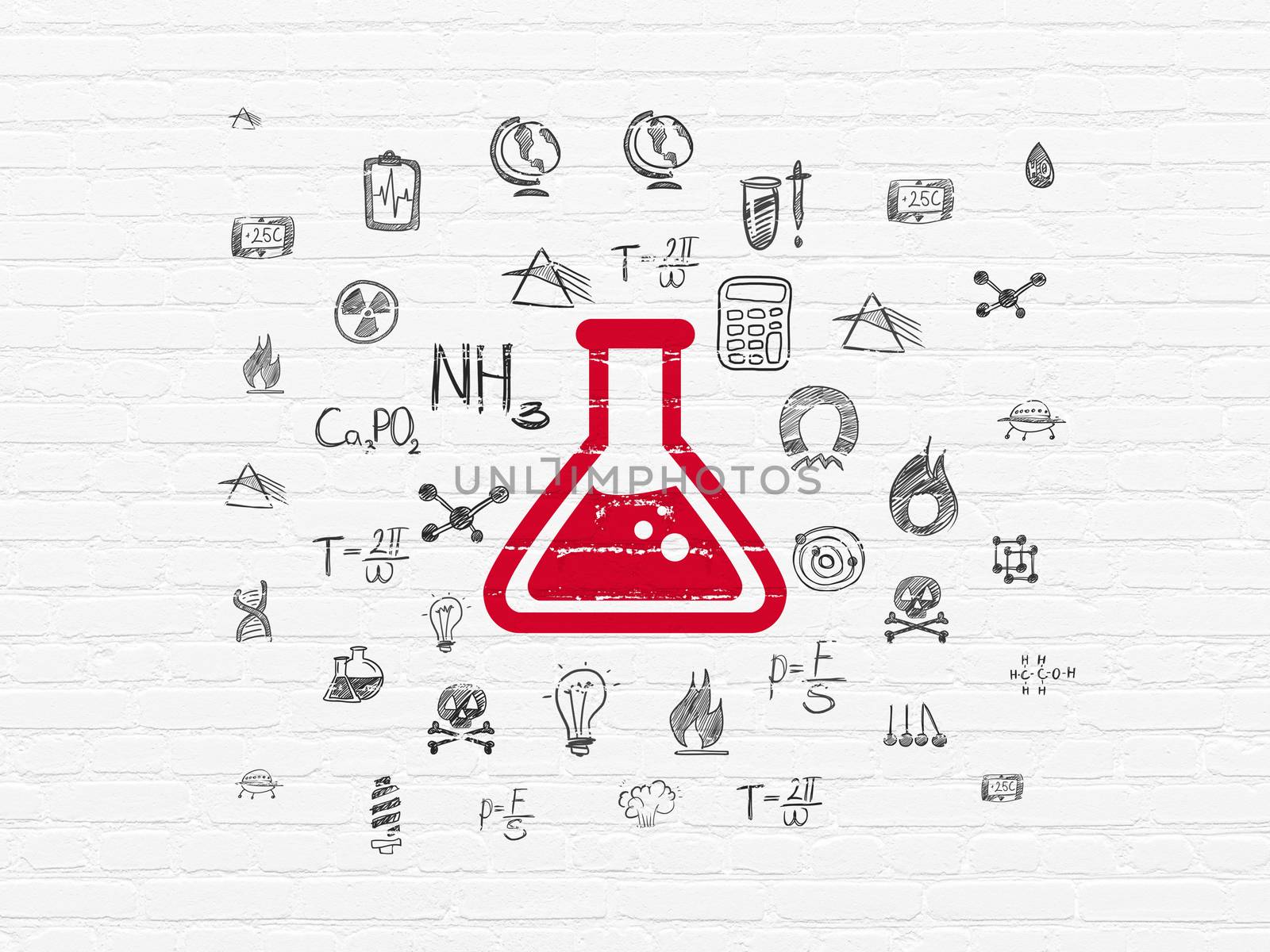 Science concept: Painted red Flask icon on White Brick wall background with  Hand Drawn Science Icons