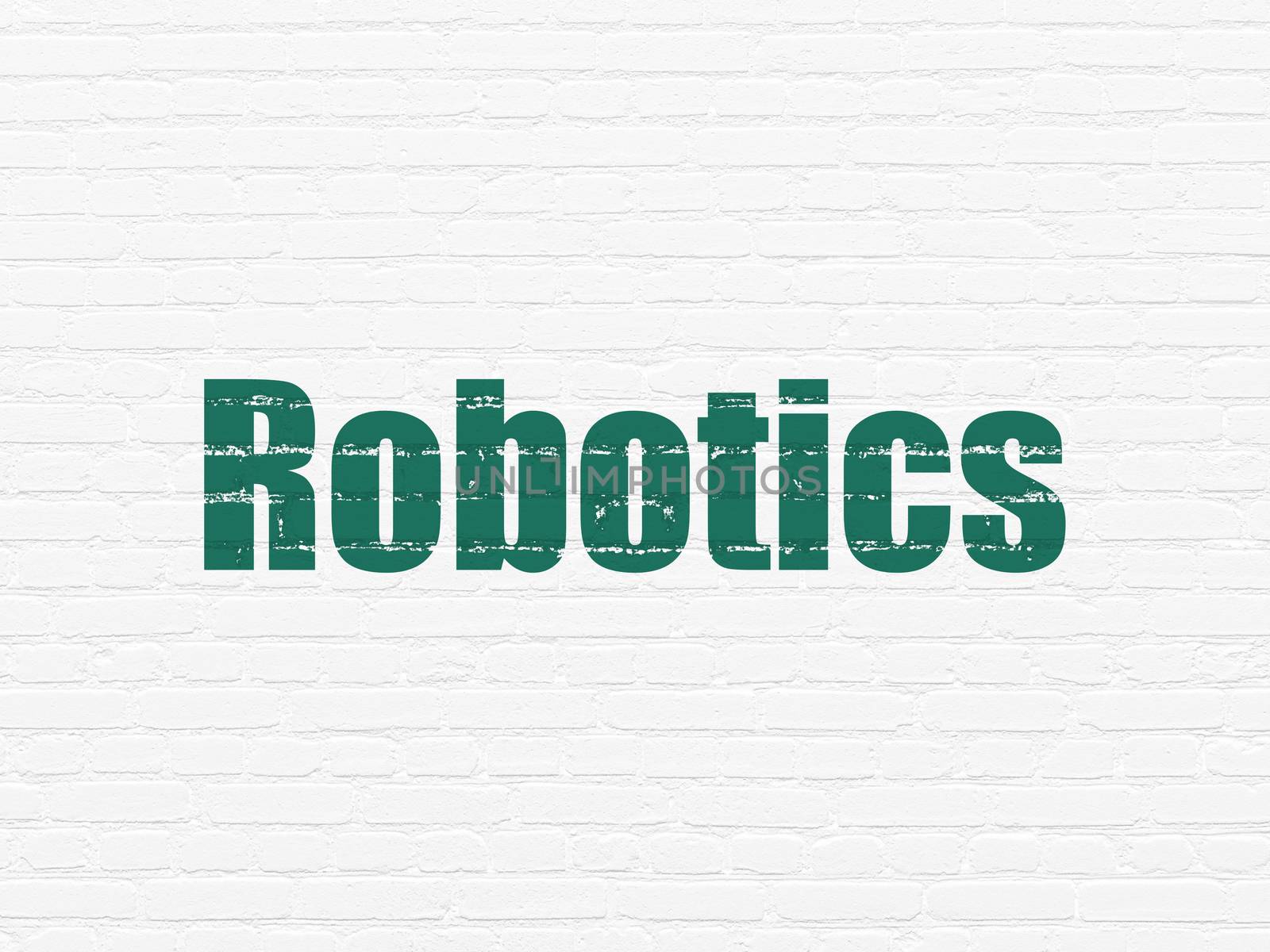 Science concept: Painted green text Robotics on White Brick wall background