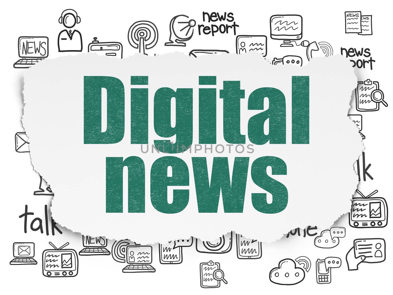News concept: Painted green text Digital News on Torn Paper background with  Hand Drawn News Icons