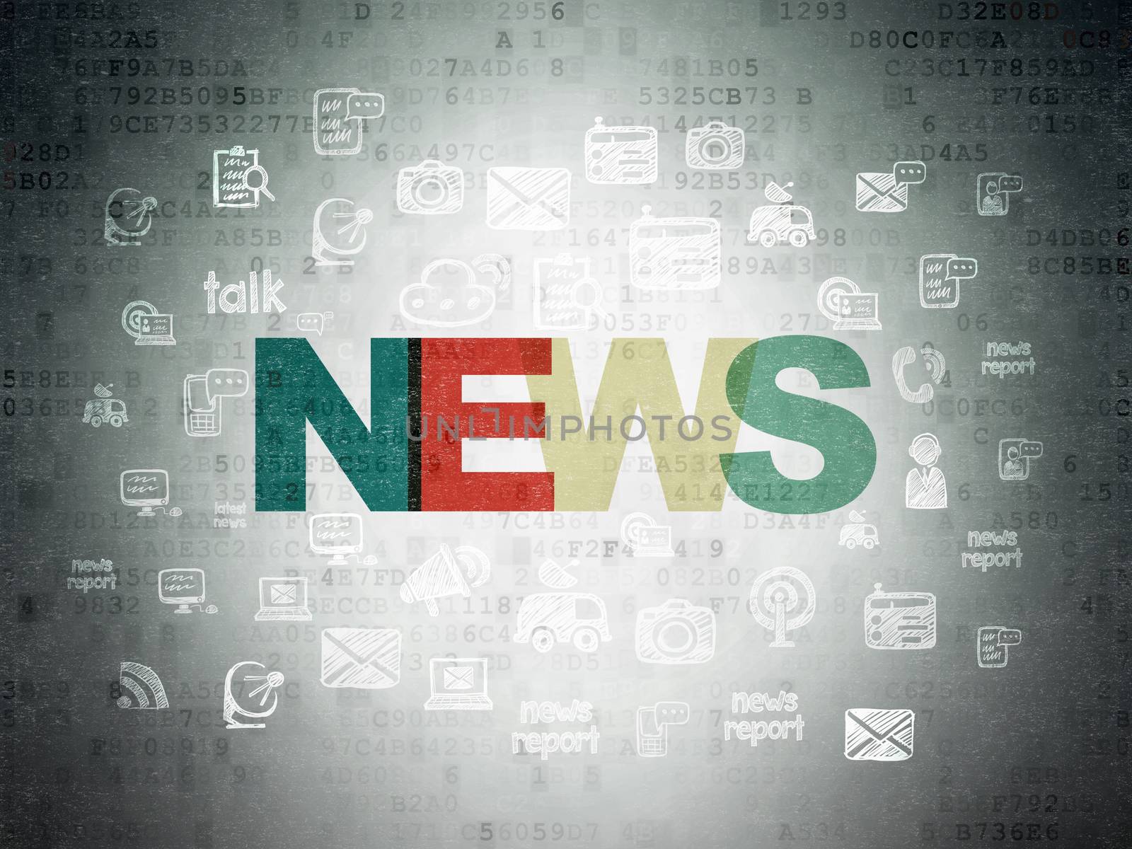 News concept: Painted multicolor text News on Digital Data Paper background with  Hand Drawn News Icons