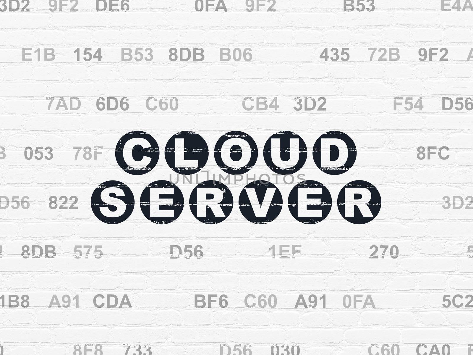 Cloud technology concept: Painted black text Cloud Server on White Brick wall background with Hexadecimal Code