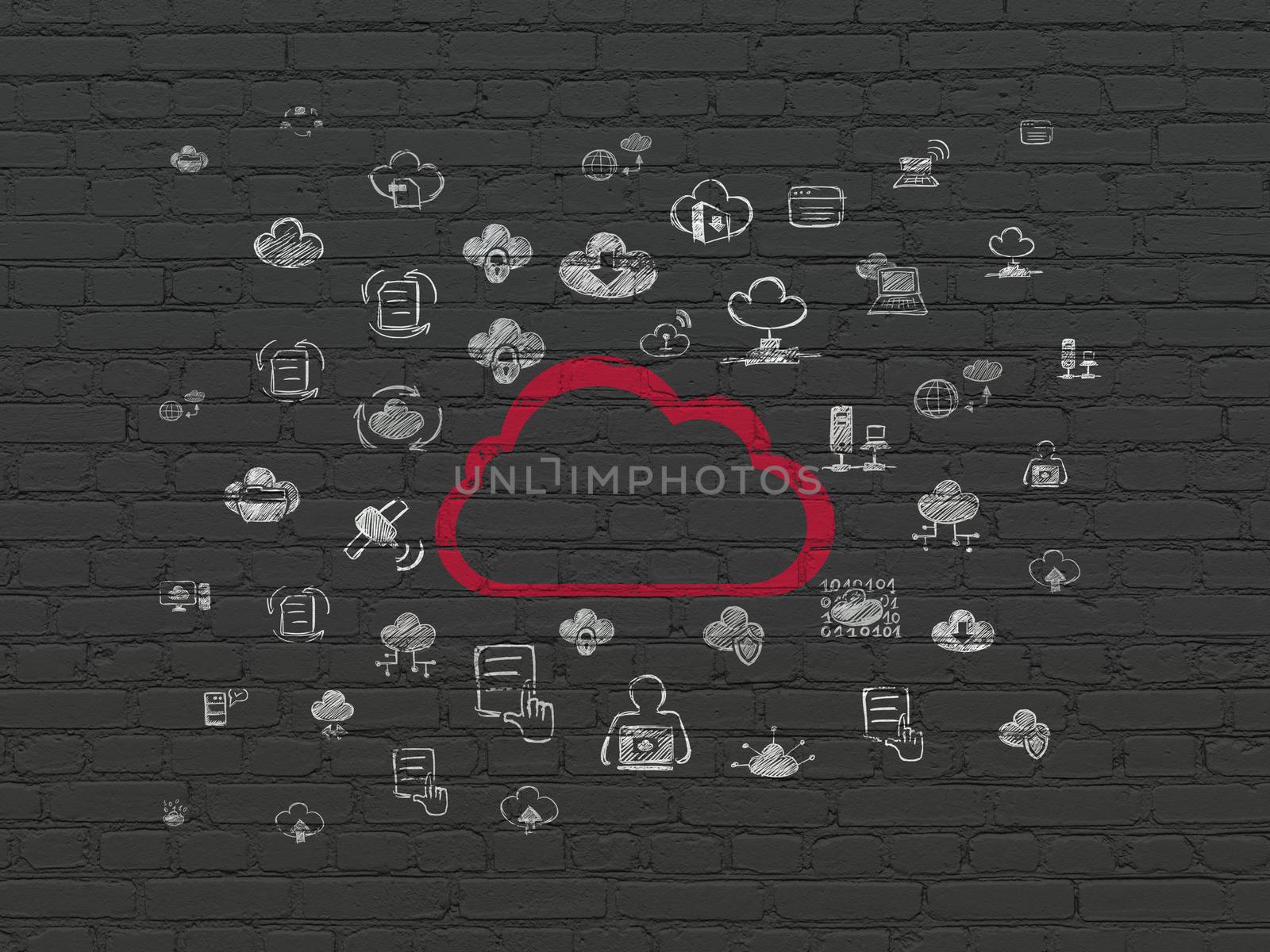 Cloud technology concept: Painted red Cloud icon on Black Brick wall background with  Hand Drawn Cloud Technology Icons