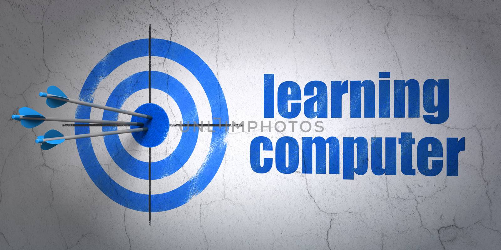 Success Studying concept: arrows hitting the center of target, Blue Learning Computer on wall background, 3D rendering