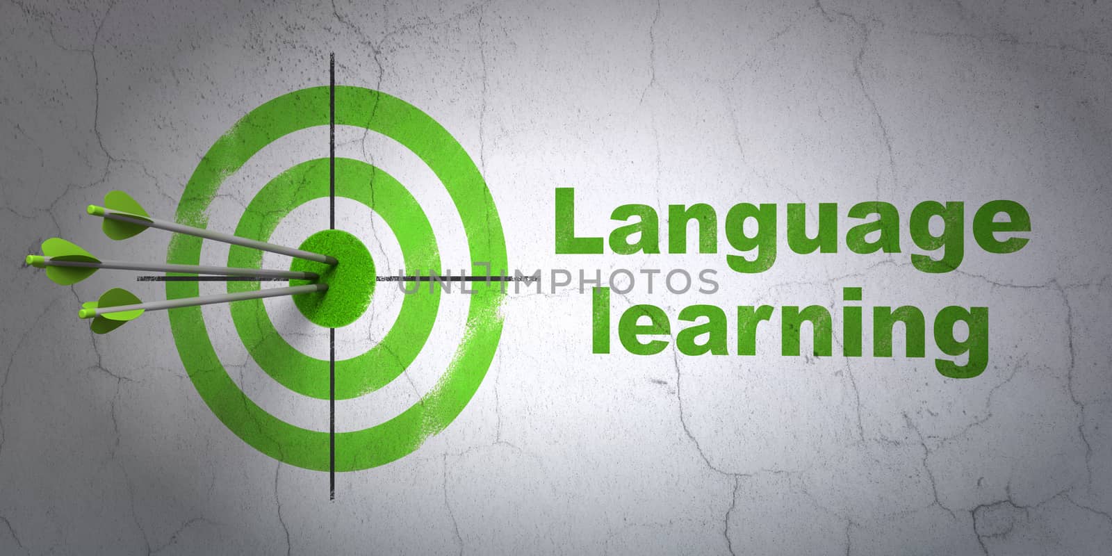 Success Education concept: arrows hitting the center of target, Green Language Learning on wall background, 3D rendering