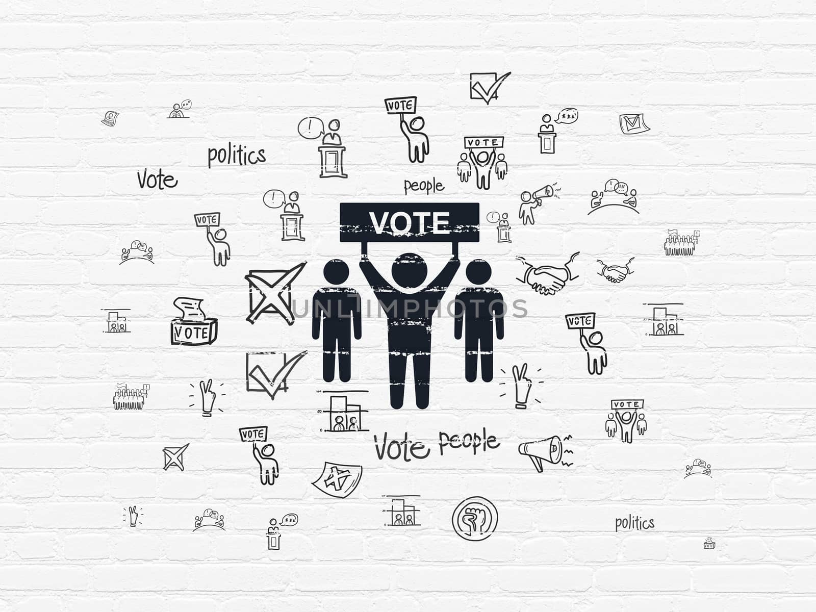 Political concept: Painted black Election Campaign icon on White Brick wall background with  Hand Drawn Politics Icons