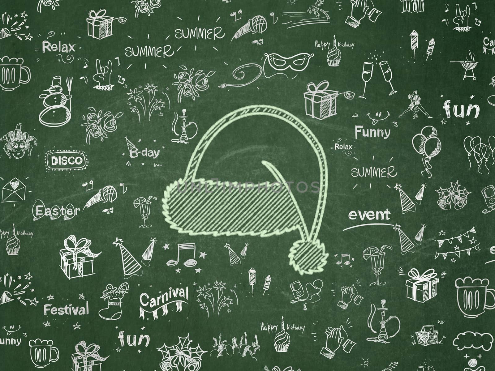 Entertainment, concept: Chalk Green Christmas Hat icon on School board background with  Hand Drawn Holiday Icons, School Board