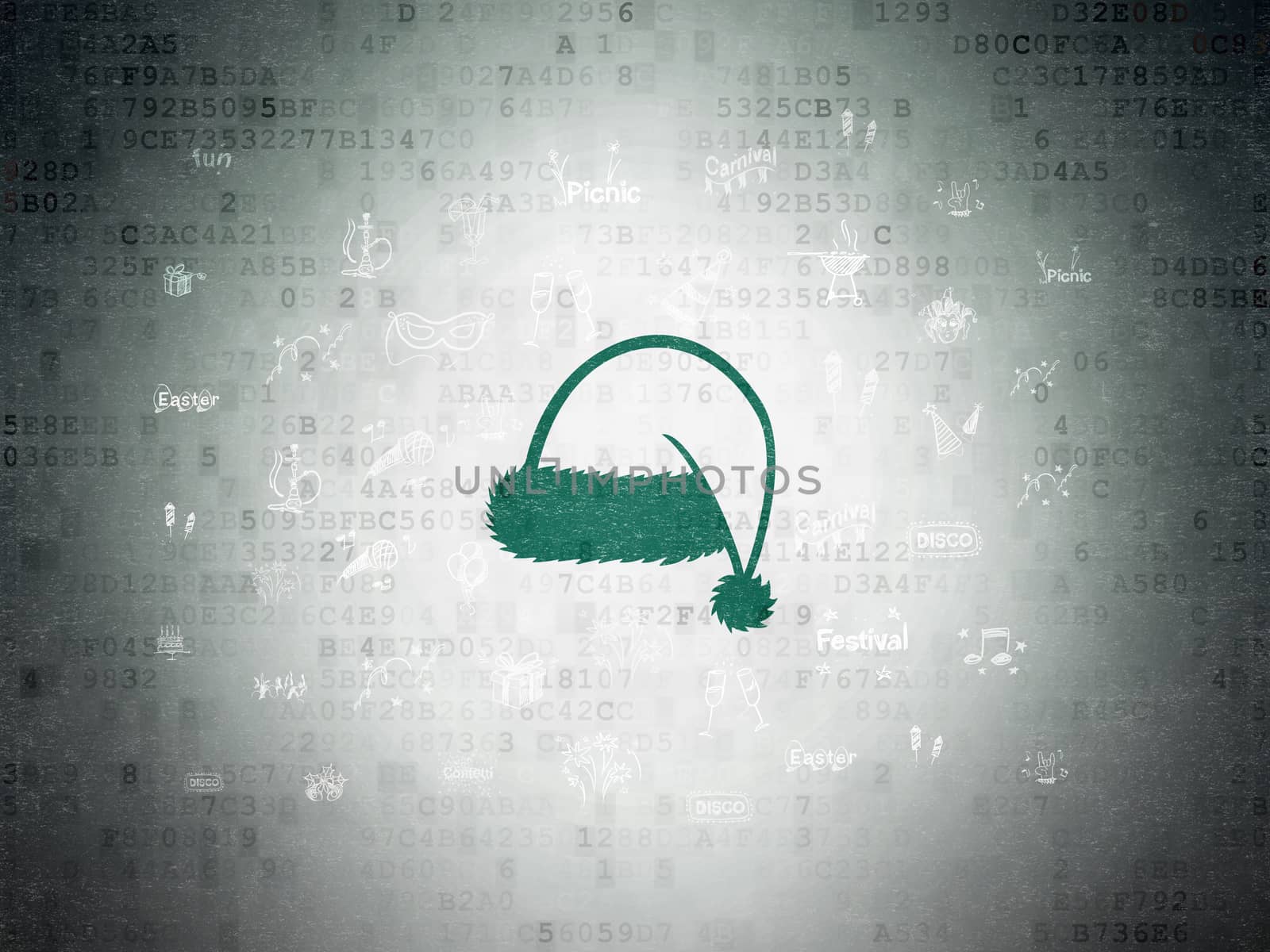 Entertainment, concept: Painted green Christmas Hat icon on Digital Data Paper background with  Hand Drawn Holiday Icons