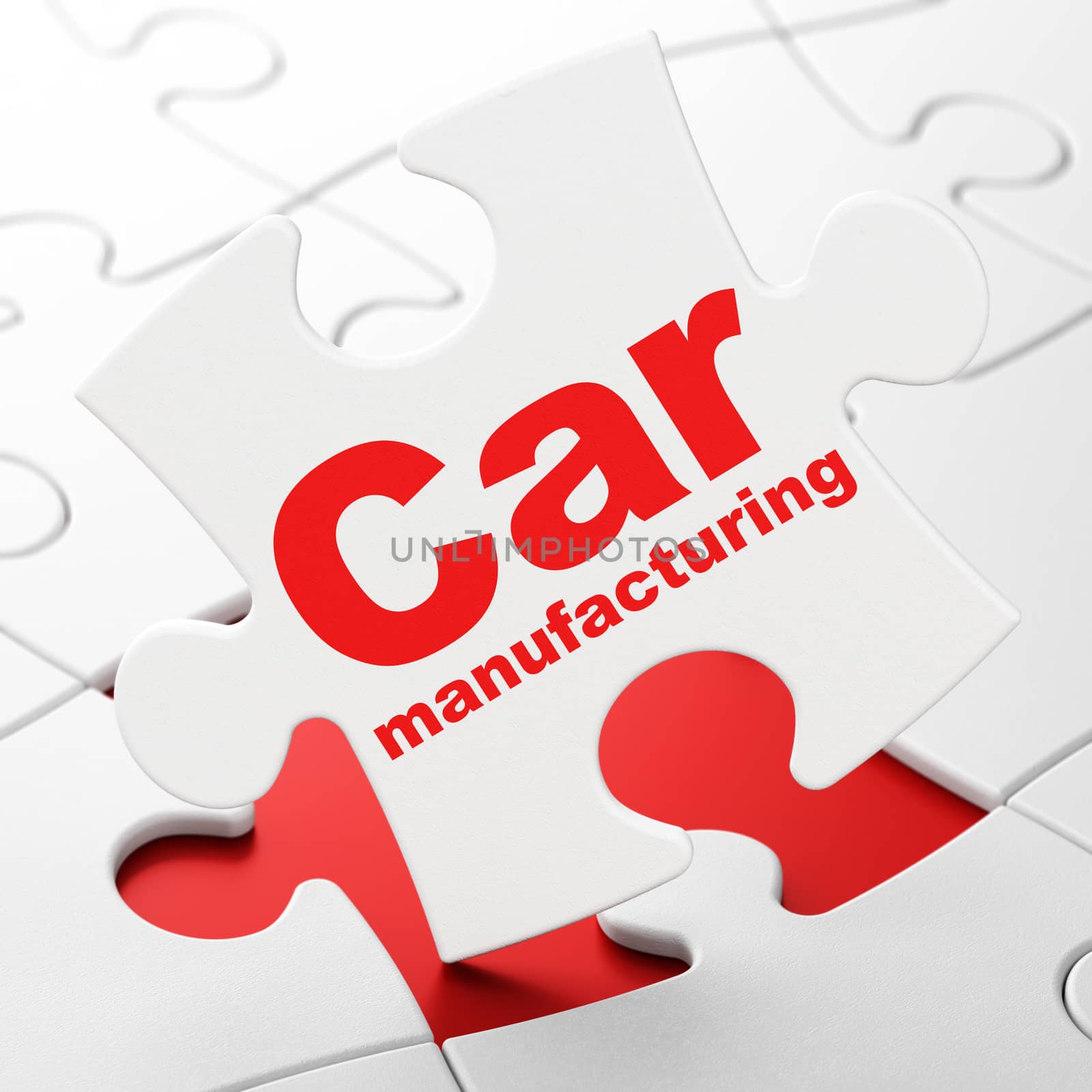 Manufacuring concept: Car Manufacturing on White puzzle pieces background, 3D rendering