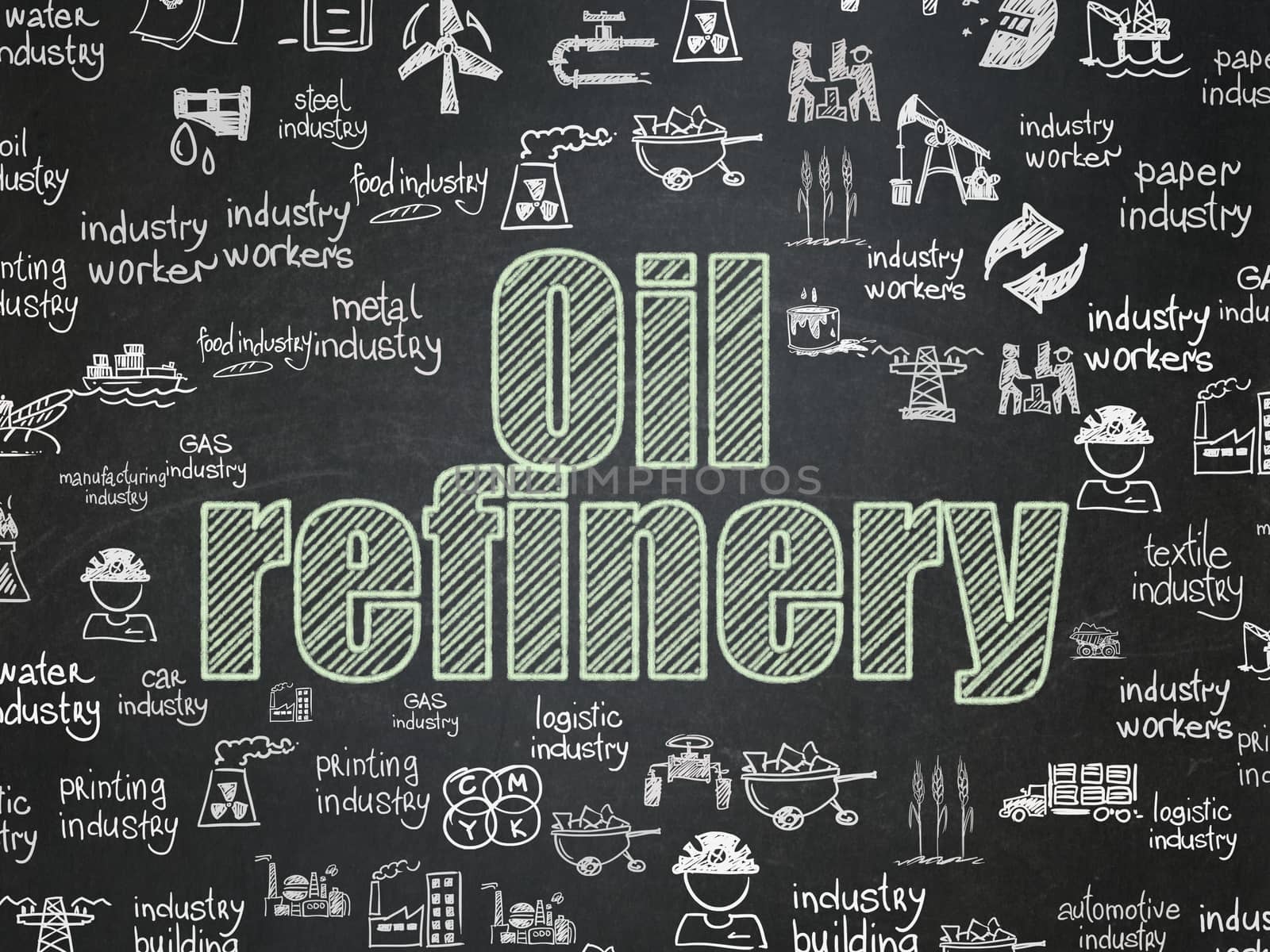Manufacuring concept: Chalk Green text Oil Refinery on School board background with  Hand Drawn Industry Icons, School Board