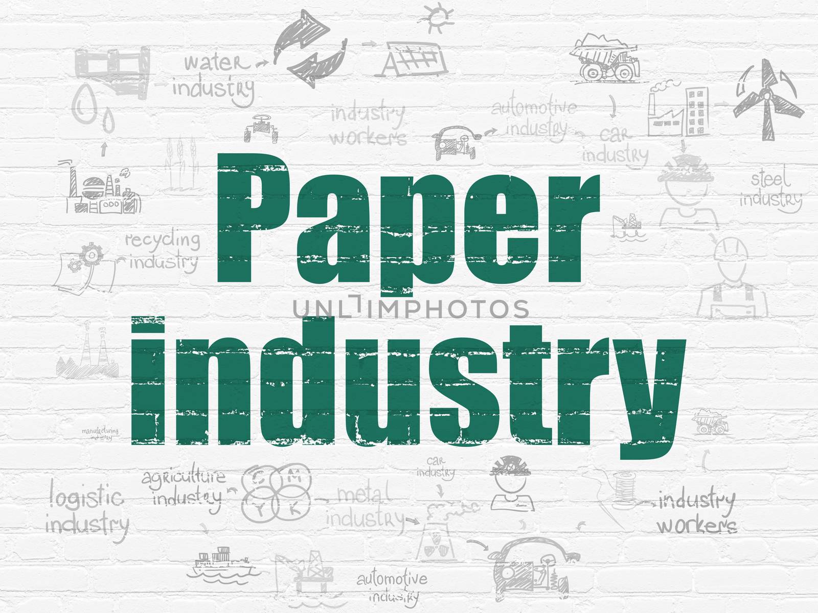Industry concept: Painted green text Paper Industry on White Brick wall background with Scheme Of Hand Drawn Industry Icons