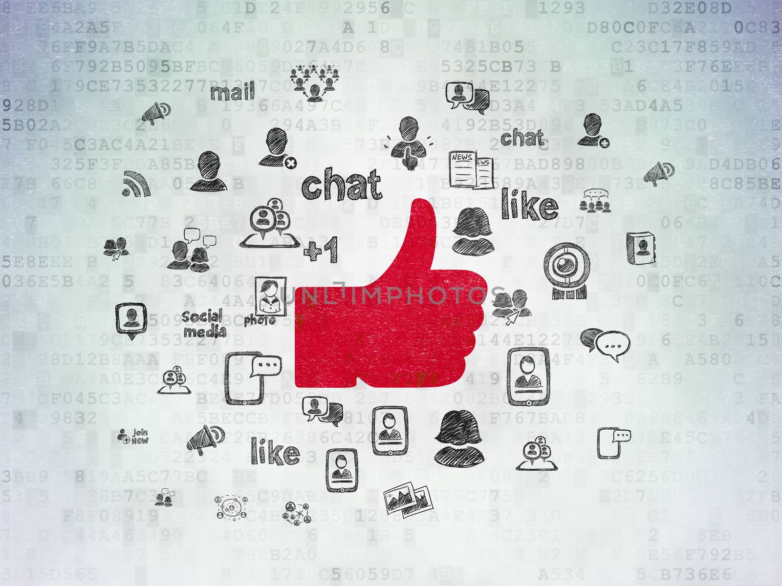 Social network concept: Painted red Thumb Up icon on Digital Data Paper background with  Hand Drawn Social Network Icons