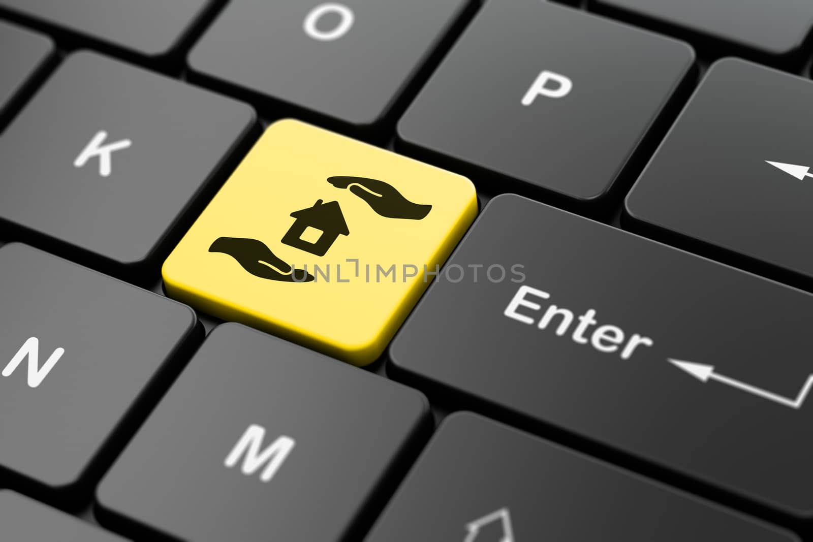 Insurance concept: computer keyboard with House And Palm icon on enter button background, 3D rendering