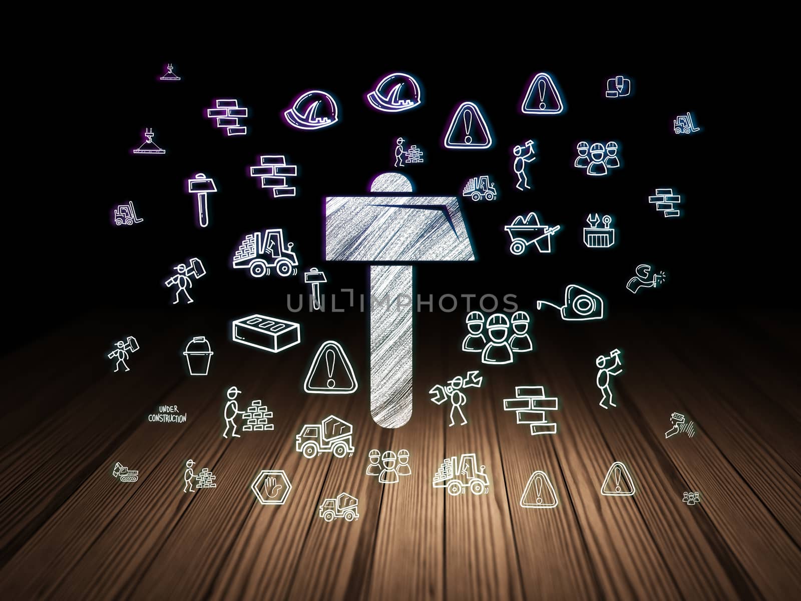 Construction concept: Glowing Hammer icon in grunge dark room with Wooden Floor, black background with  Hand Drawn Construction Icons