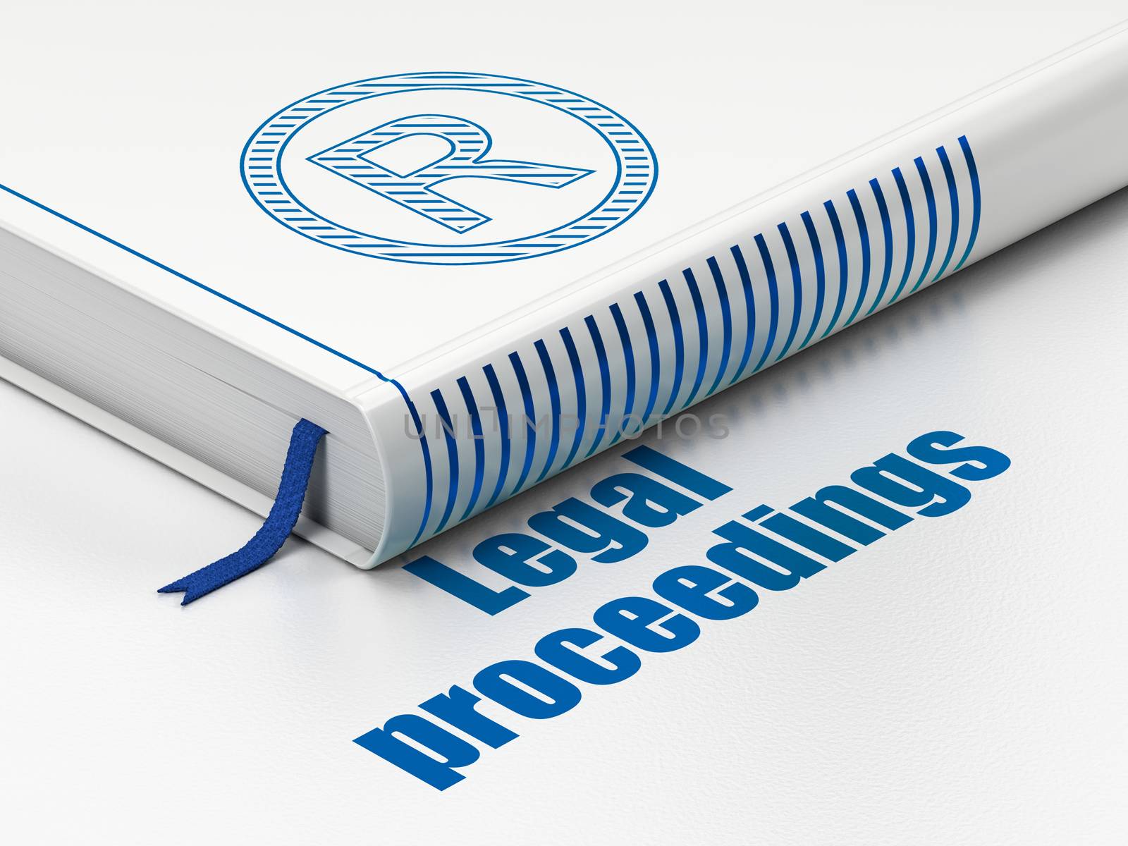 Law concept: closed book with Blue Registered icon and text Legal Proceedings on floor, white background, 3D rendering