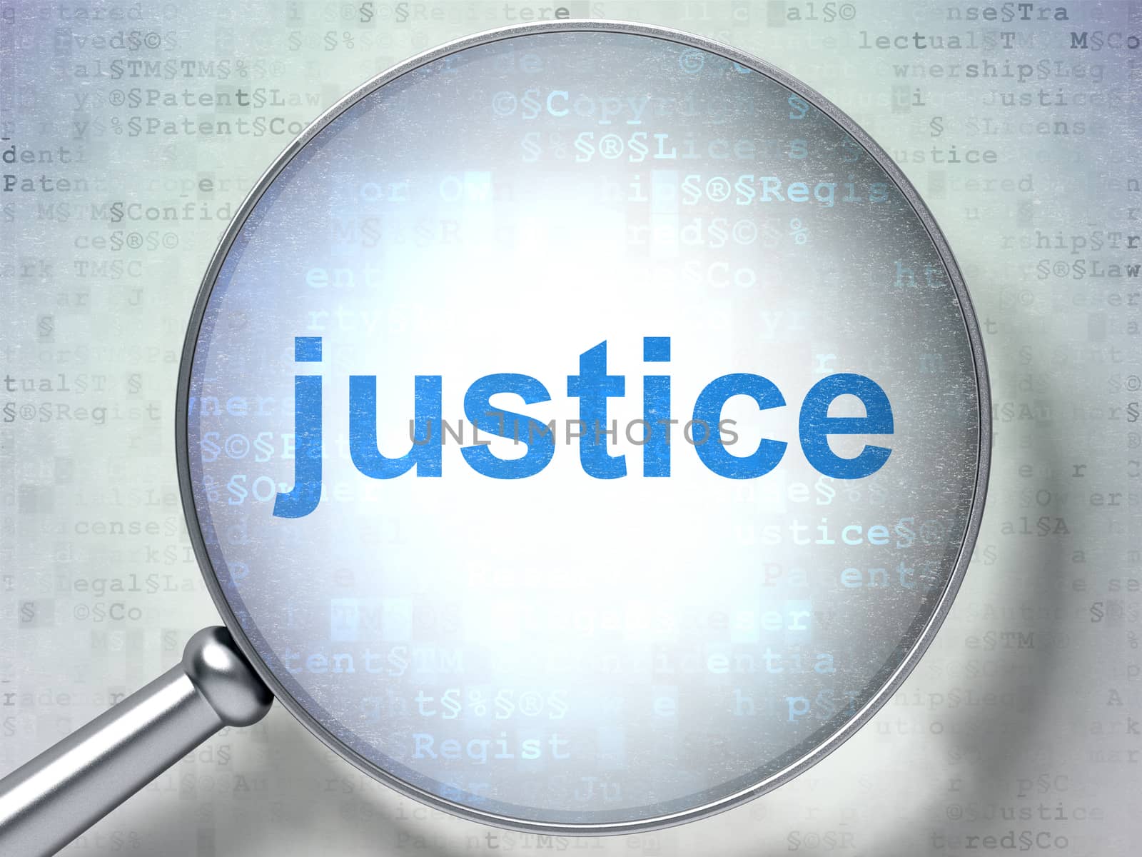 Law concept: magnifying optical glass with words Justice on digital background, 3D rendering